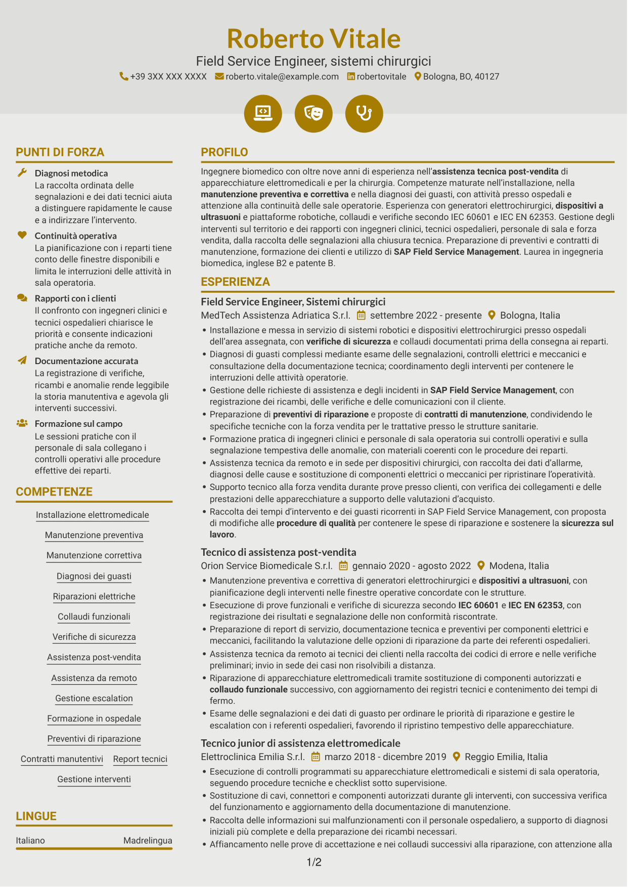 CV Dinamico (formato a due colonne con icone): Field Service Engineer - Apparecchiature chirurgiche, pagina 1