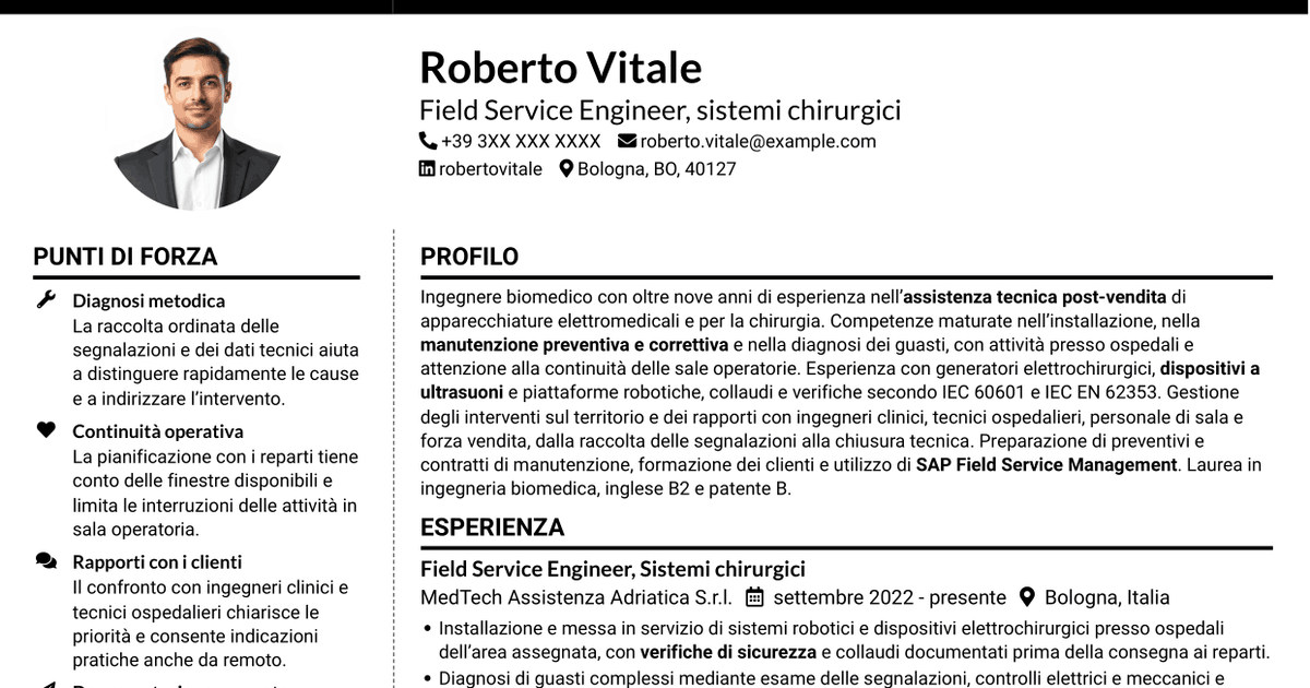 7 modelli di CV per Field Service Engineer - Apparecchiature chirurgiche, con esempi