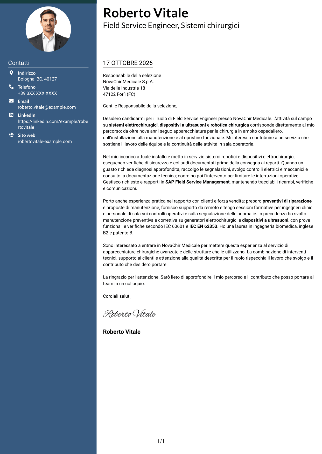 Lettera di presentazione Elegante (formato con colonna laterale colorata e foto): Field Service Engineer - Apparecchiature chirurgiche, pagina 1