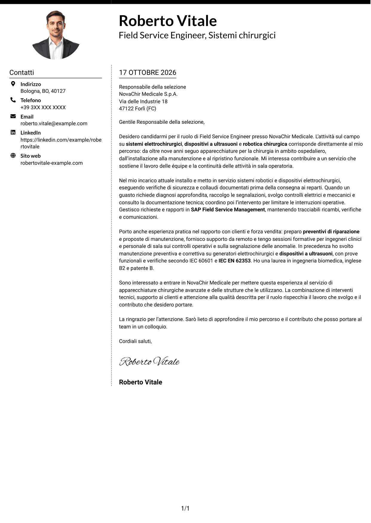 Lettera di presentazione Moderno (formato a due colonne con foto a sinistra e separatore): Field Service Engineer - Apparecchiature chirurgiche, pagina 1