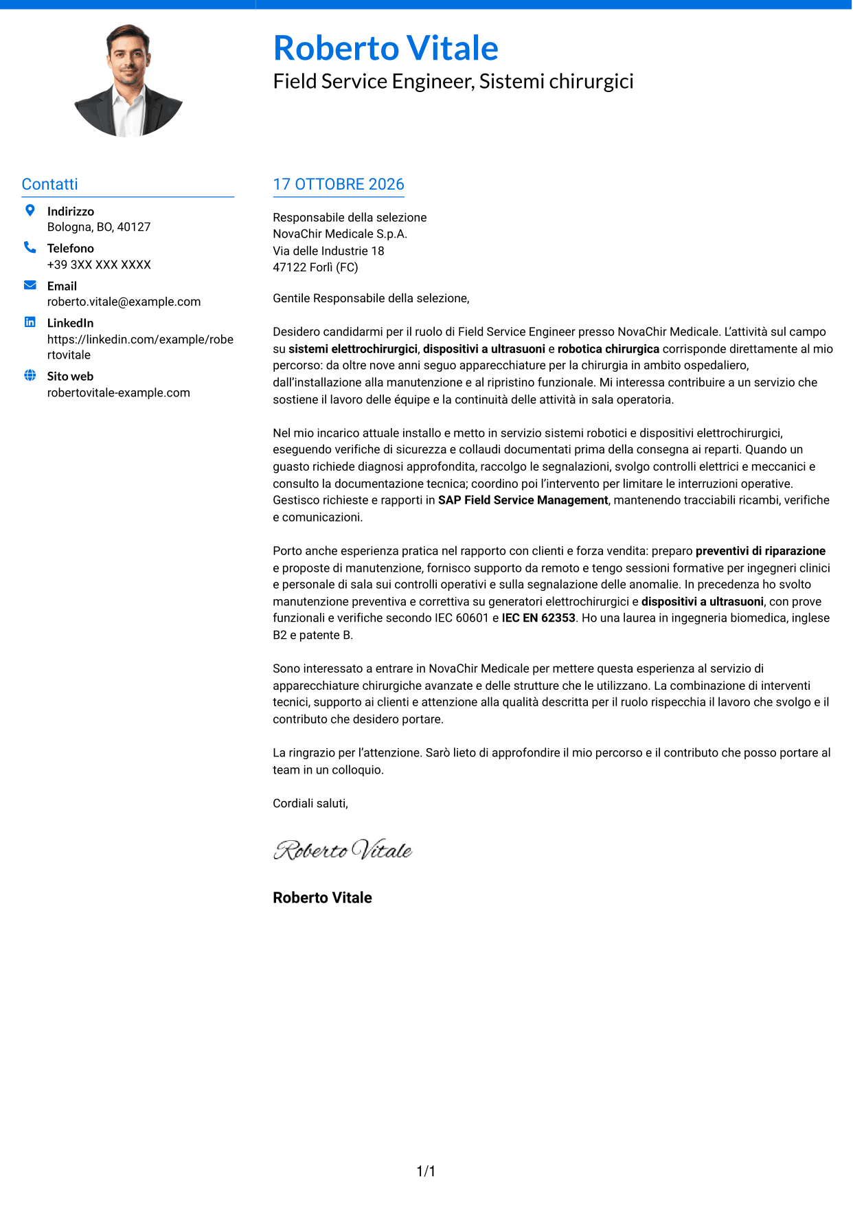 Lettera di presentazione Audace (formato a due colonne con accenti colorati e foto): Field Service Engineer - Apparecchiature chirurgiche, pagina 1