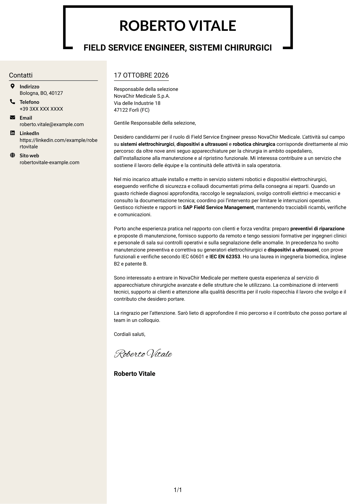 Lettera di presentazione Intraprendente (formato a due colonne con intestazione centrata senza foto): Field Service Engineer - Apparecchiature chirurgiche, pagina 1