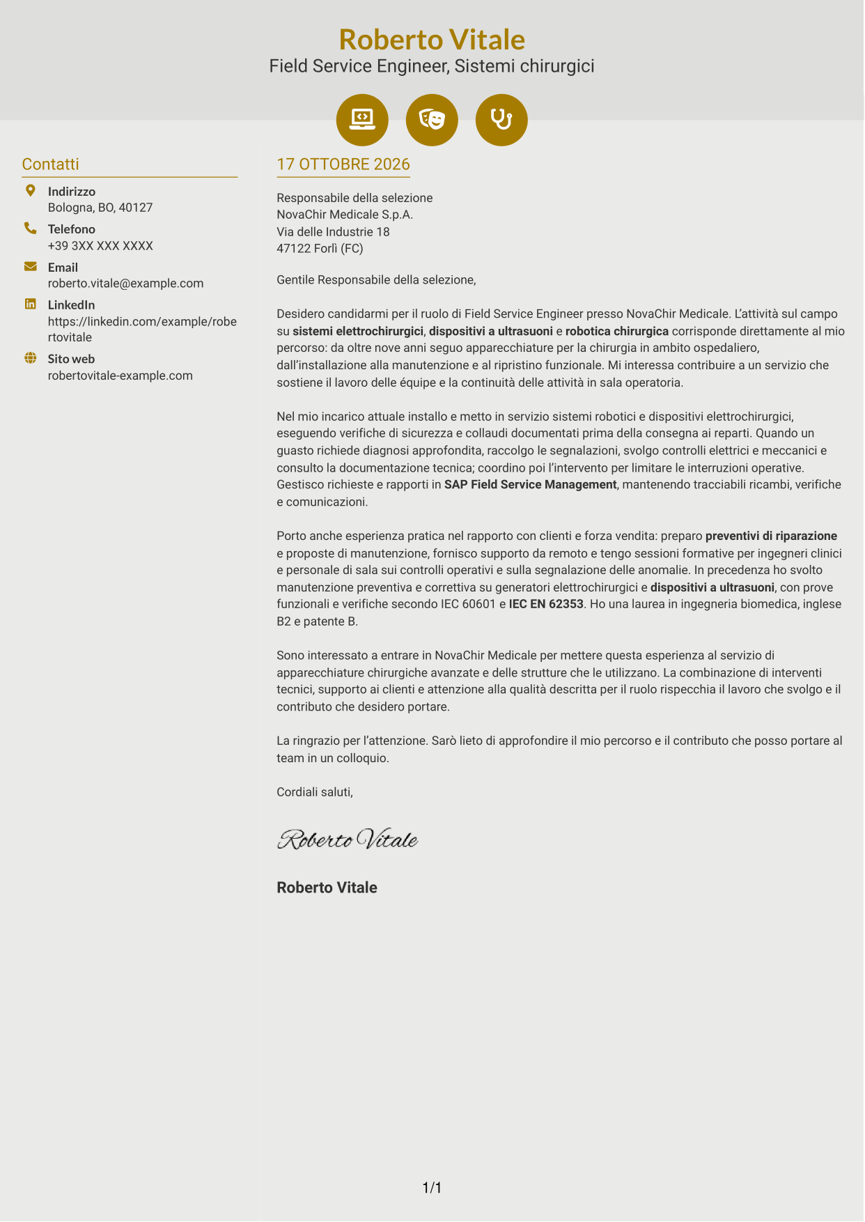 Lettera di presentazione Dinamico (formato a due colonne con icone): Field Service Engineer - Apparecchiature chirurgiche, pagina 1