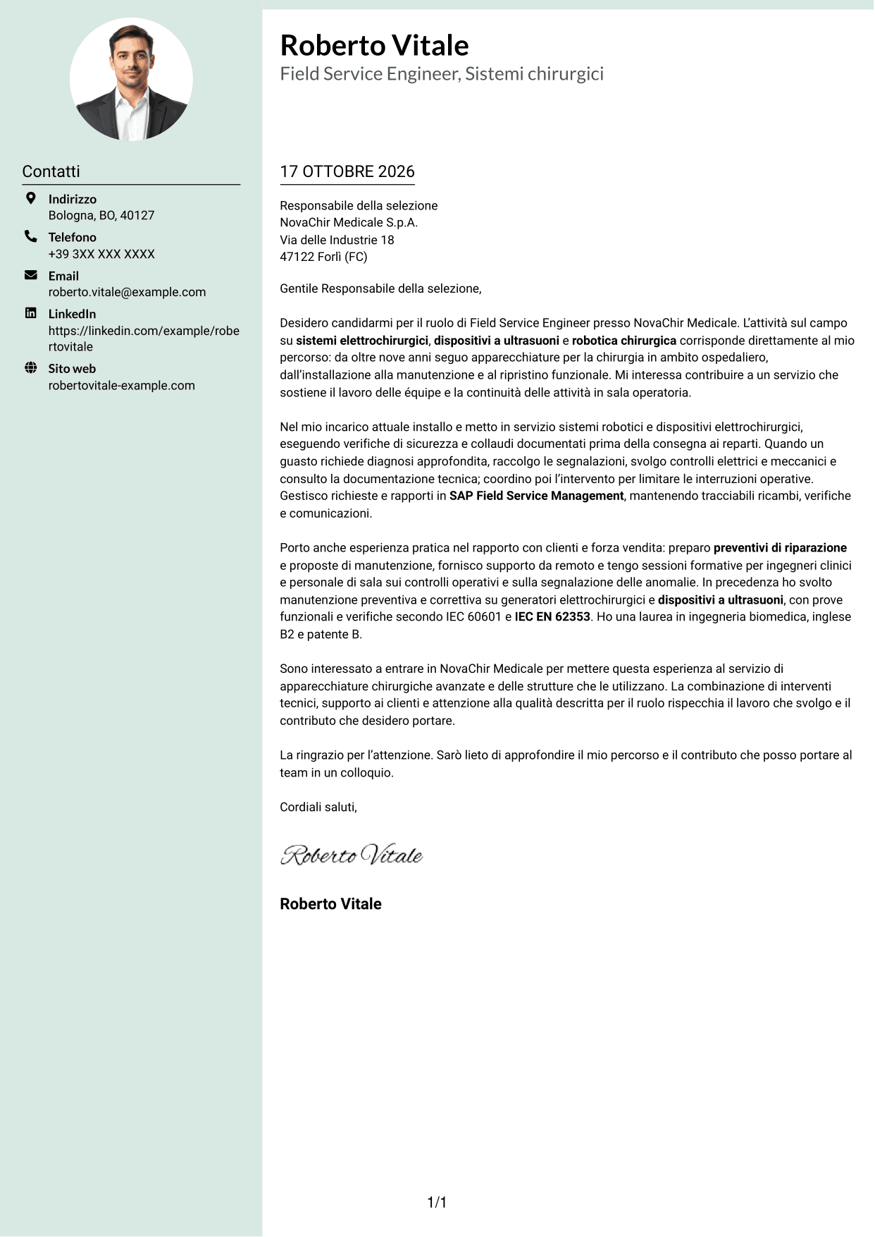 Lettera di presentazione Dirigente (formato con colonna laterale tenue e foto arrotondata): Field Service Engineer - Apparecchiature chirurgiche, pagina 1
