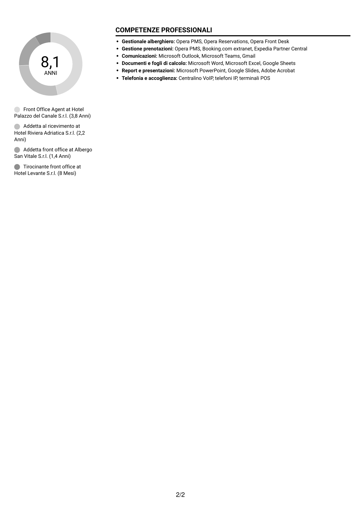 CV Compatto (formato sobrio a due colonne con foto): Front Office Agent - Accoglienza alberghiera, pagina 2