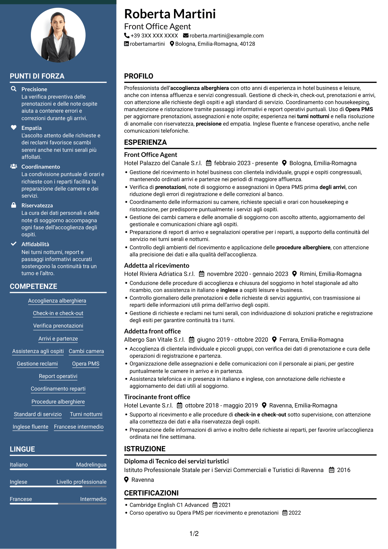 CV Elegante (formato con colonna laterale colorata e foto): Front Office Agent - Accoglienza alberghiera, pagina 1