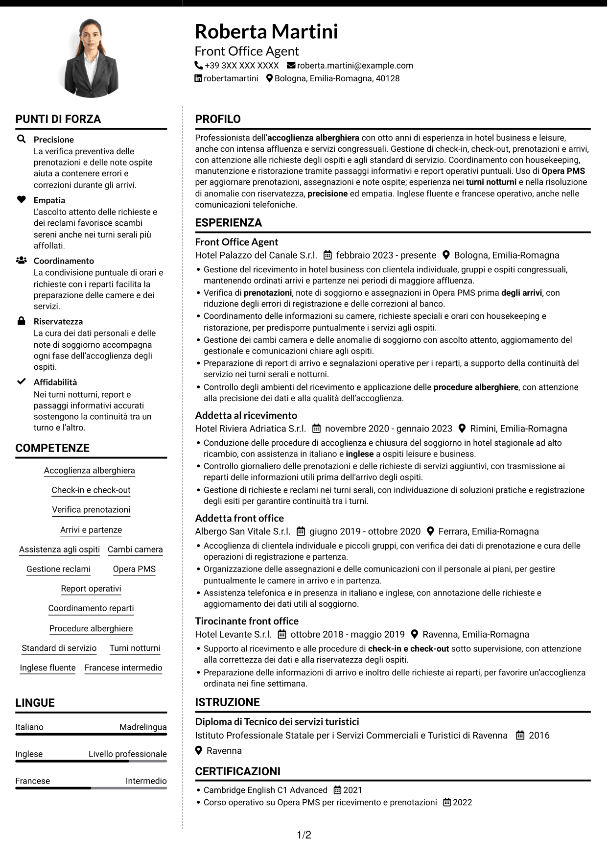 CV Moderno (formato a due colonne con foto a sinistra e separatore): Front Office Agent - Accoglienza alberghiera, pagina 1