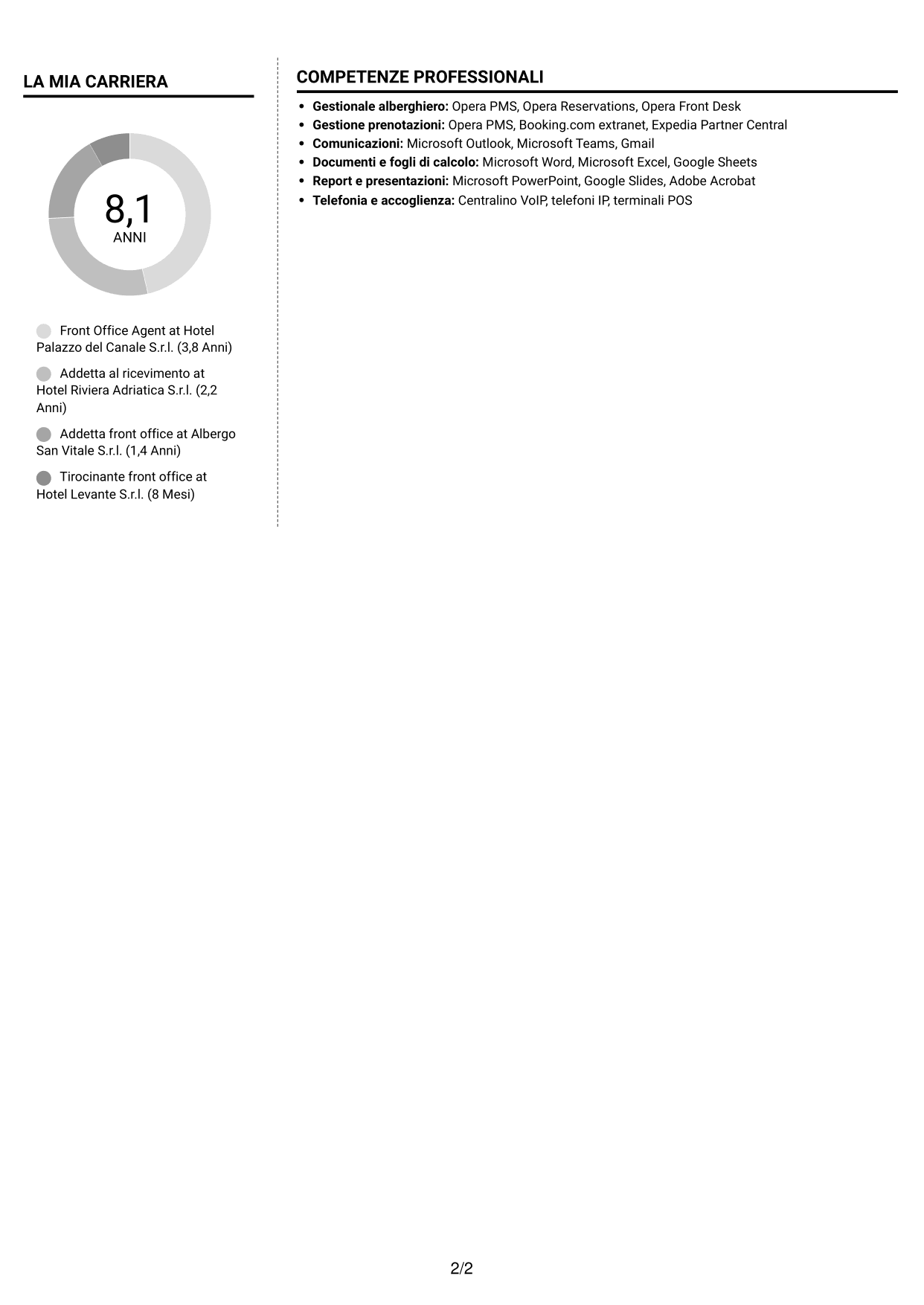CV Moderno (formato a due colonne con foto a sinistra e separatore): Front Office Agent - Accoglienza alberghiera, pagina 2