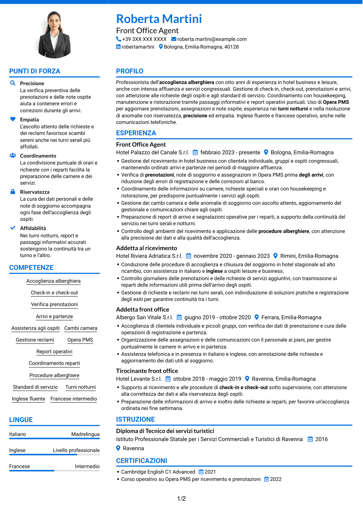 CV Audace (formato a due colonne con accenti colorati e foto): Front Office Agent - Accoglienza alberghiera, pagina 1