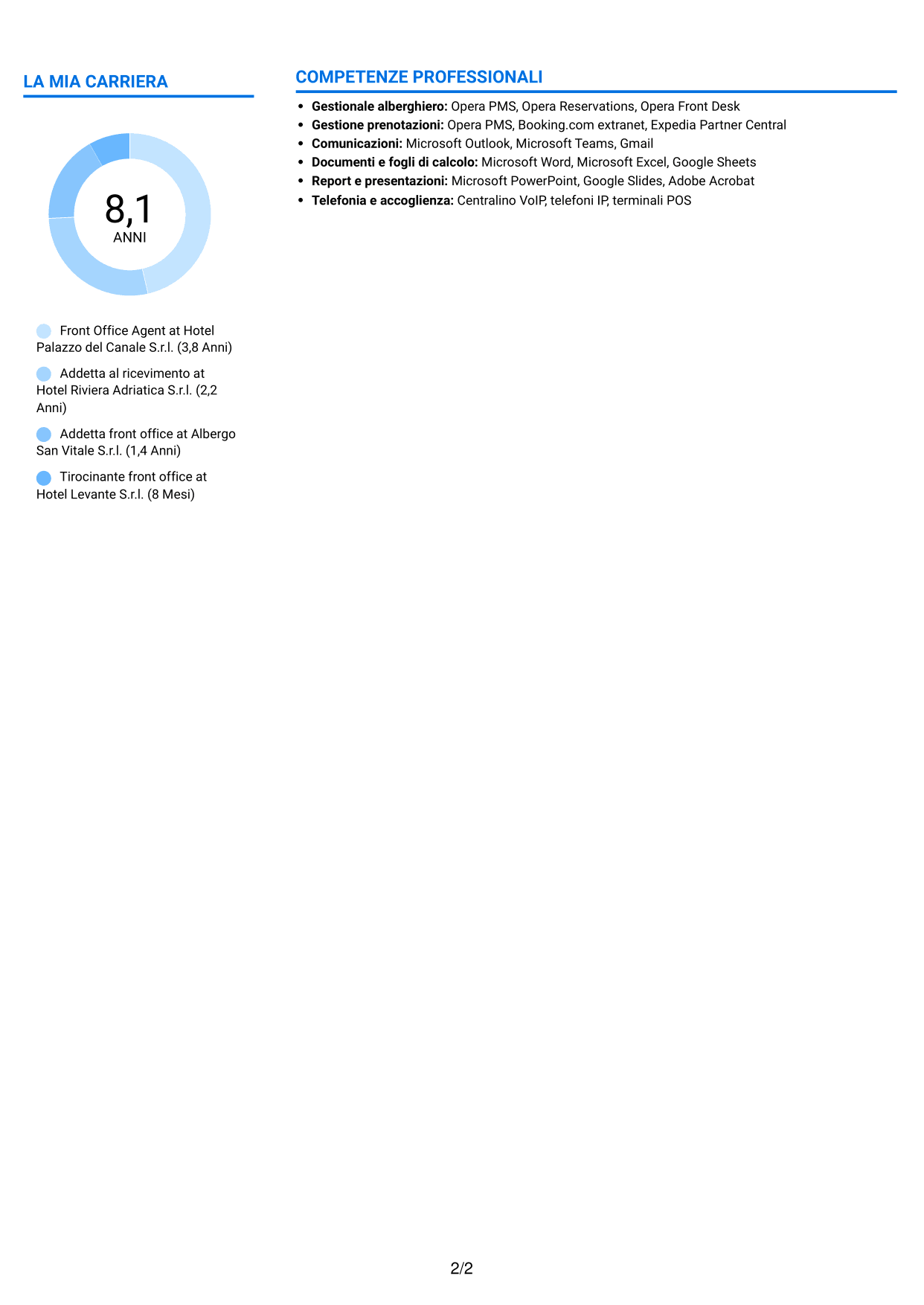 CV Audace (formato a due colonne con accenti colorati e foto): Front Office Agent - Accoglienza alberghiera, pagina 2