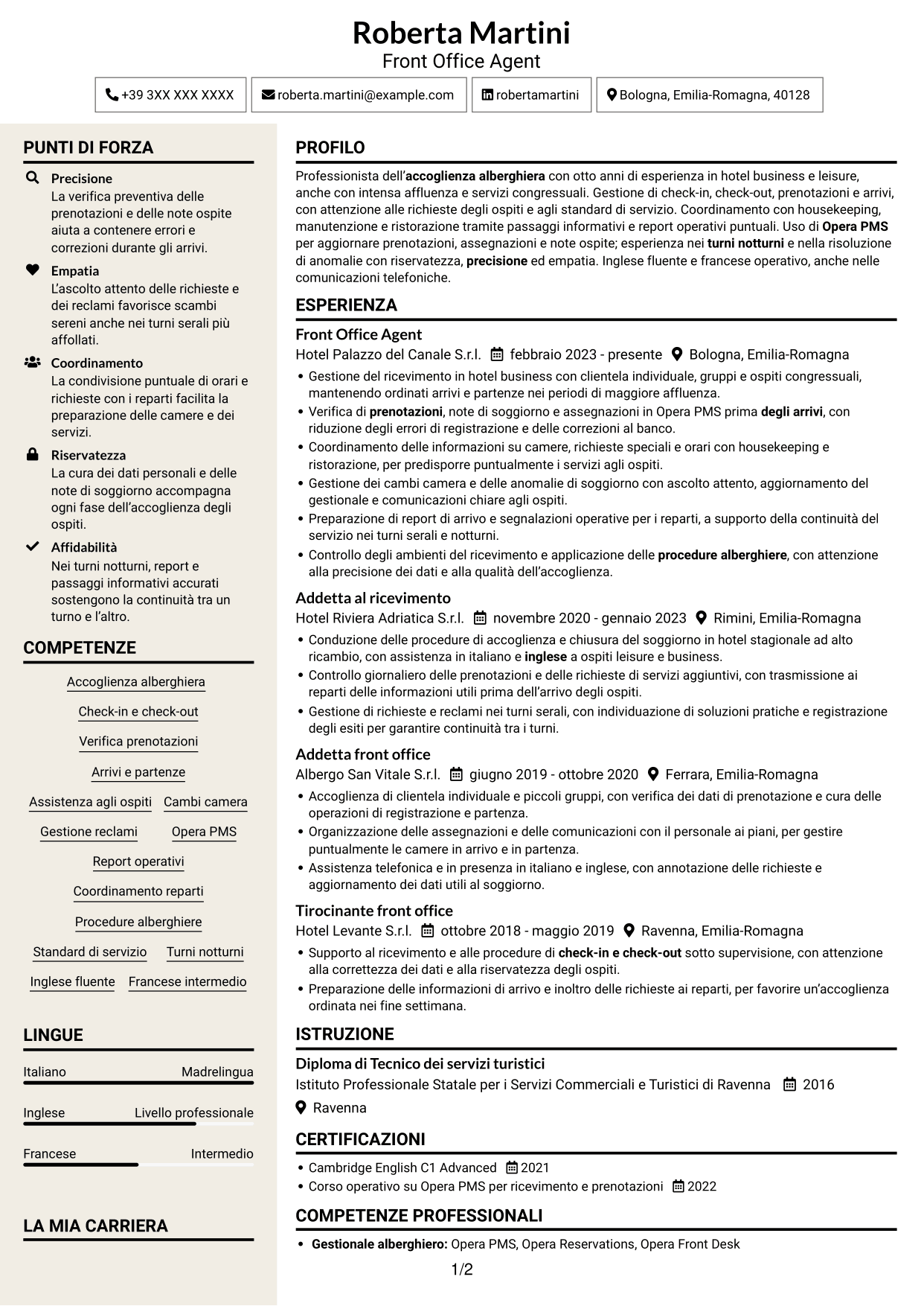 CV Intraprendente (formato a due colonne con intestazione centrata senza foto): Front Office Agent - Accoglienza alberghiera, pagina 1