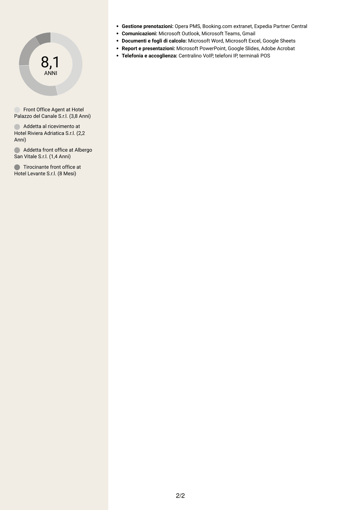 CV Intraprendente (formato a due colonne con intestazione centrata senza foto): Front Office Agent - Accoglienza alberghiera, pagina 2