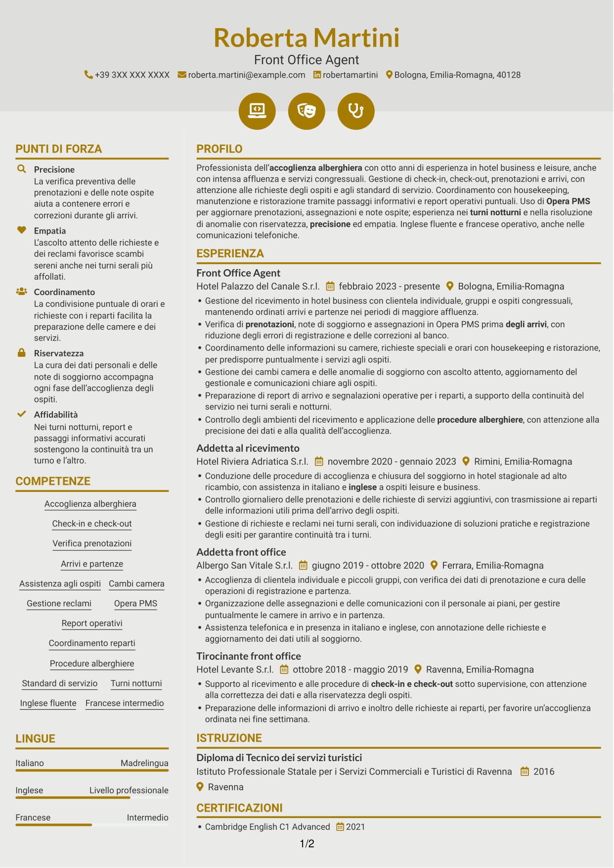 CV Dinamico (formato a due colonne con icone): Front Office Agent - Accoglienza alberghiera, pagina 1