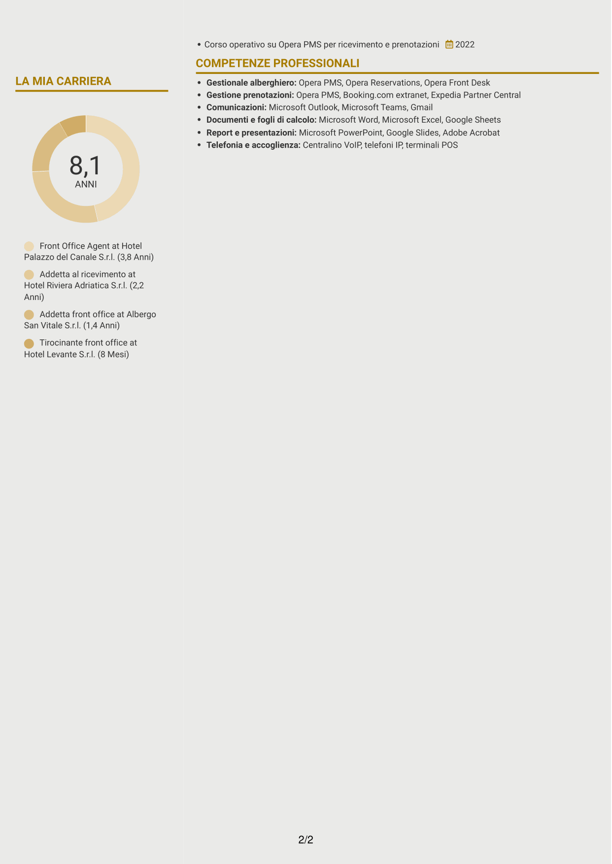 CV Dinamico (formato a due colonne con icone): Front Office Agent - Accoglienza alberghiera, pagina 2