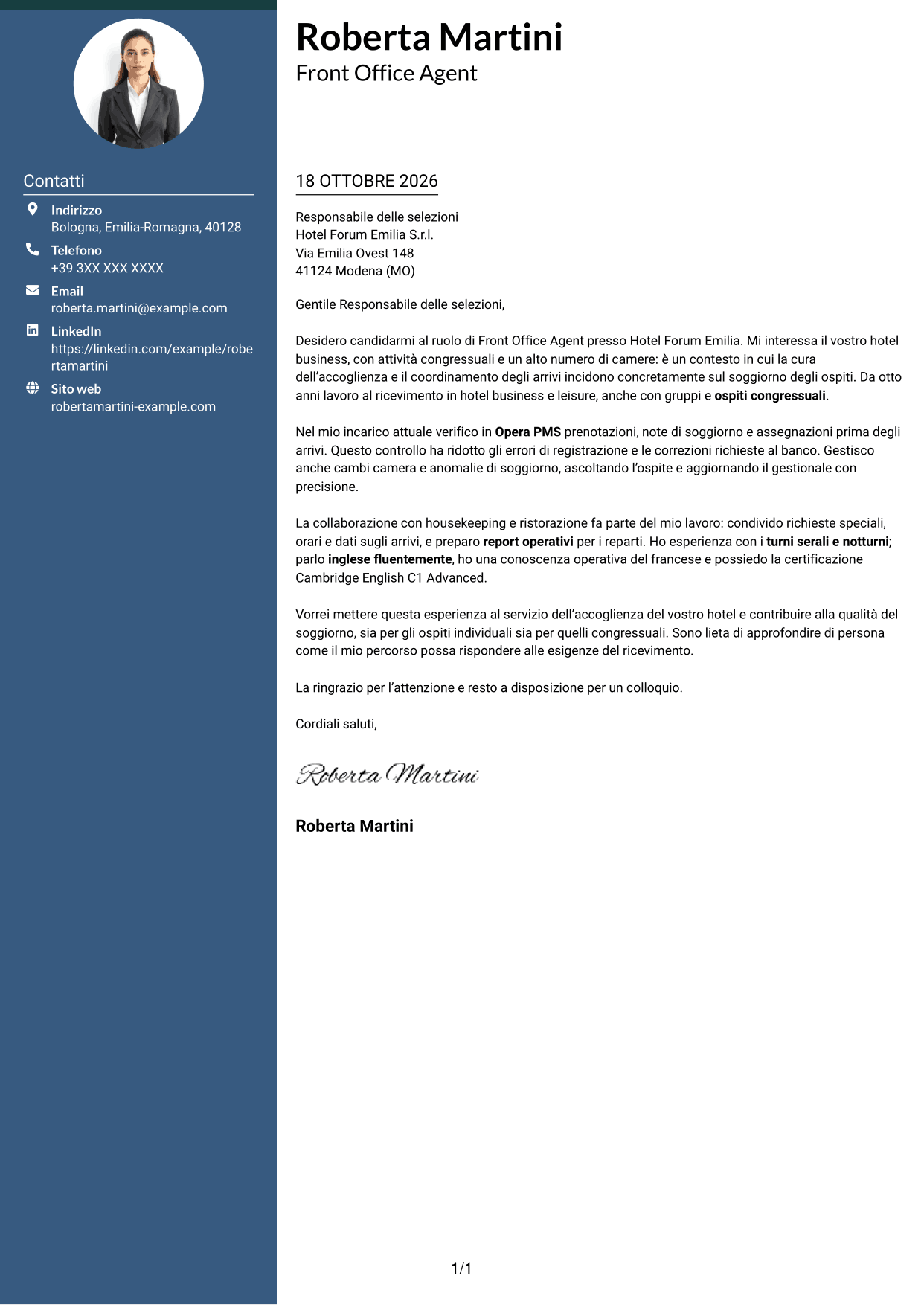 Lettera di presentazione Elegante (formato con colonna laterale colorata e foto): Front Office Agent - Accoglienza alberghiera, pagina 1