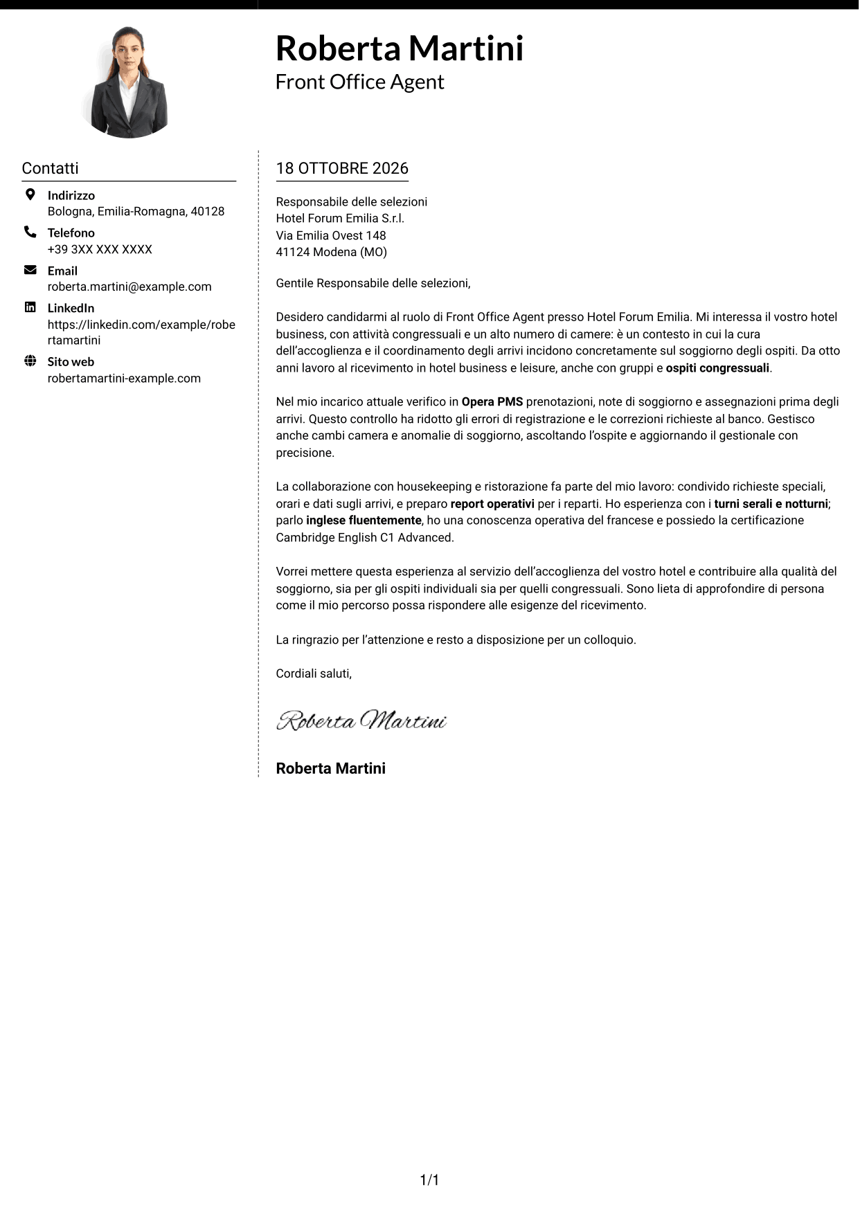 Lettera di presentazione Moderno (formato a due colonne con foto a sinistra e separatore): Front Office Agent - Accoglienza alberghiera, pagina 1