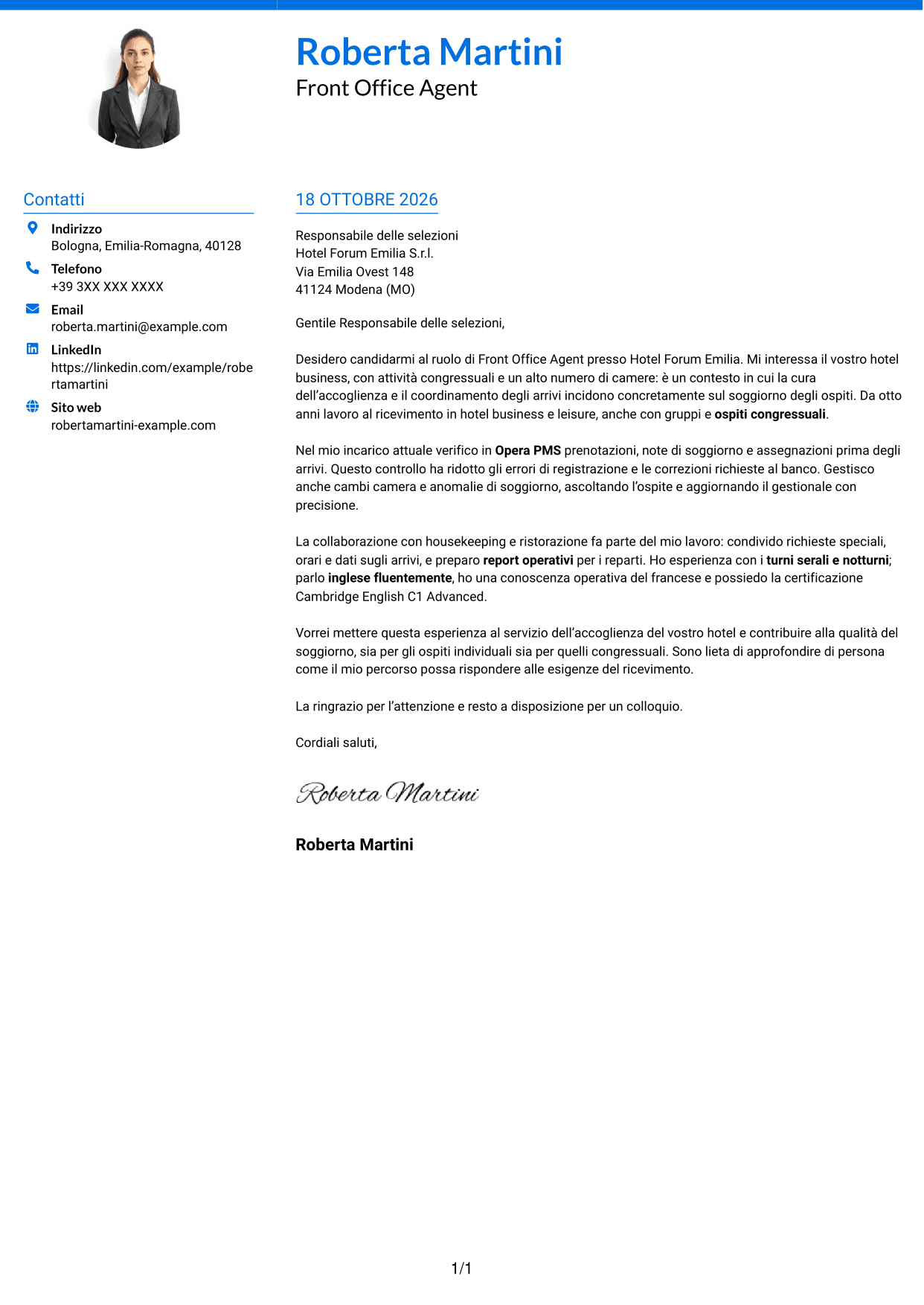 Lettera di presentazione Audace (formato a due colonne con accenti colorati e foto): Front Office Agent - Accoglienza alberghiera, pagina 1