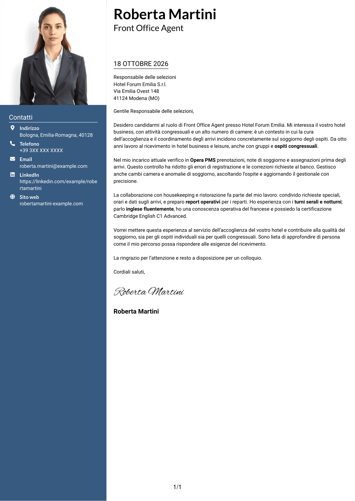 Lettera di presentazione Signature (formato con colonna laterale colorata e foto grande): Front Office Agent - Accoglienza alberghiera, pagina 1