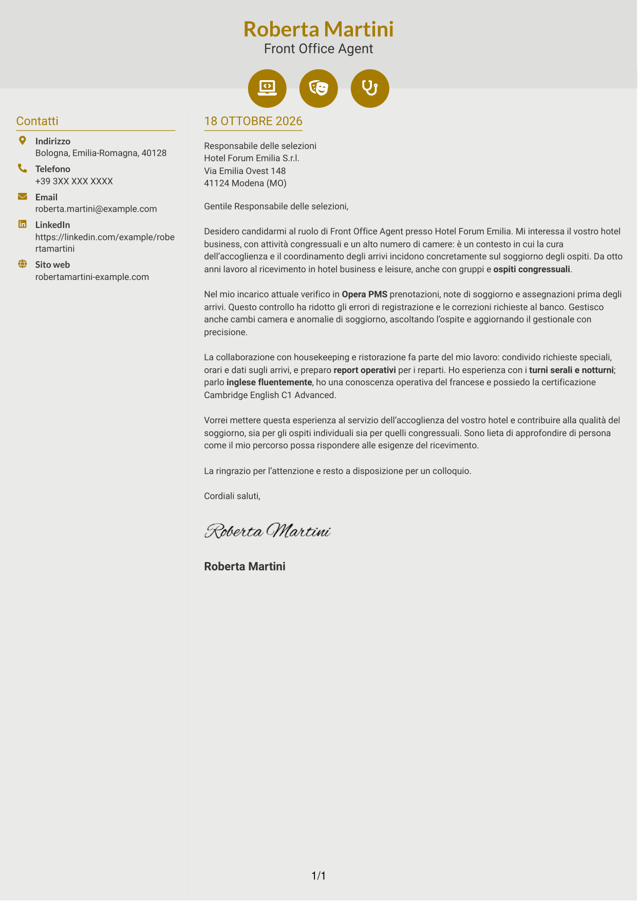 Lettera di presentazione Dinamico (formato a due colonne con icone): Front Office Agent - Accoglienza alberghiera, pagina 1