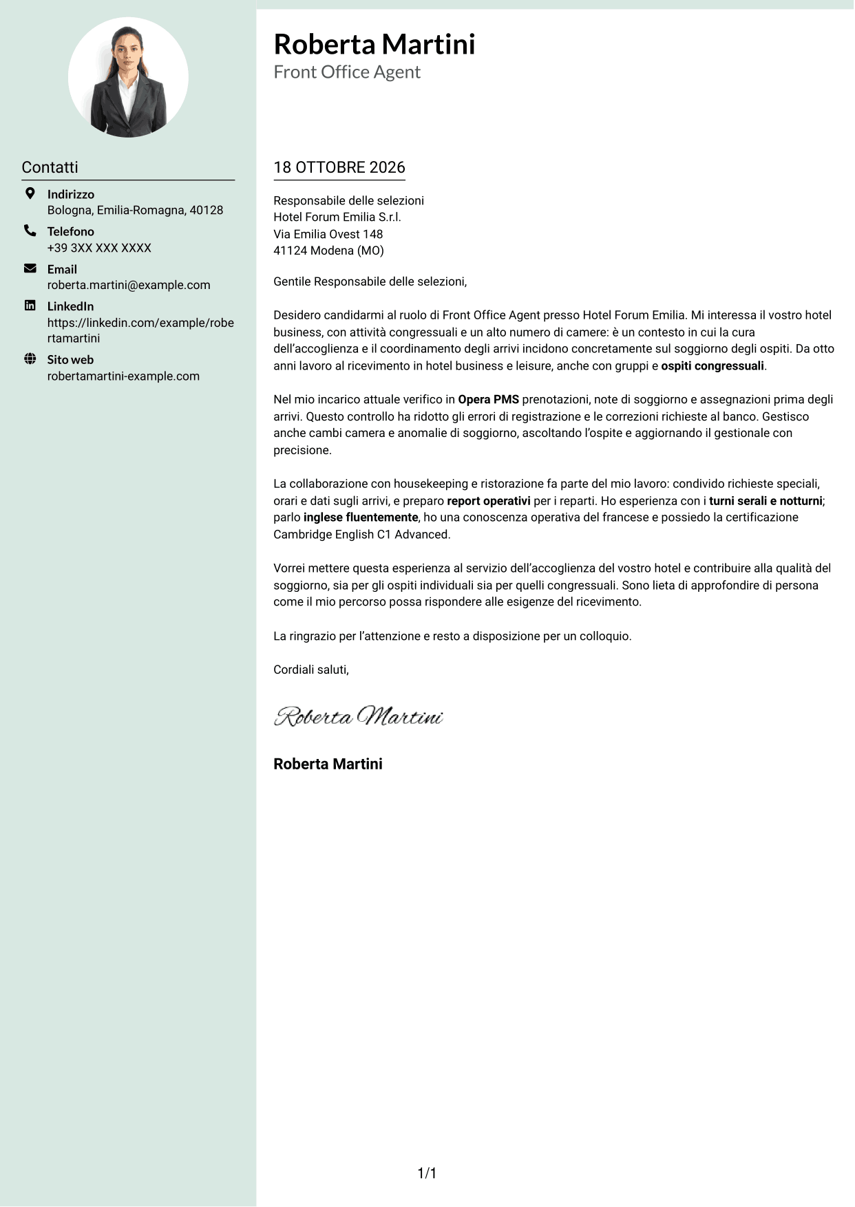 Lettera di presentazione Dirigente (formato con colonna laterale tenue e foto arrotondata): Front Office Agent - Accoglienza alberghiera, pagina 1