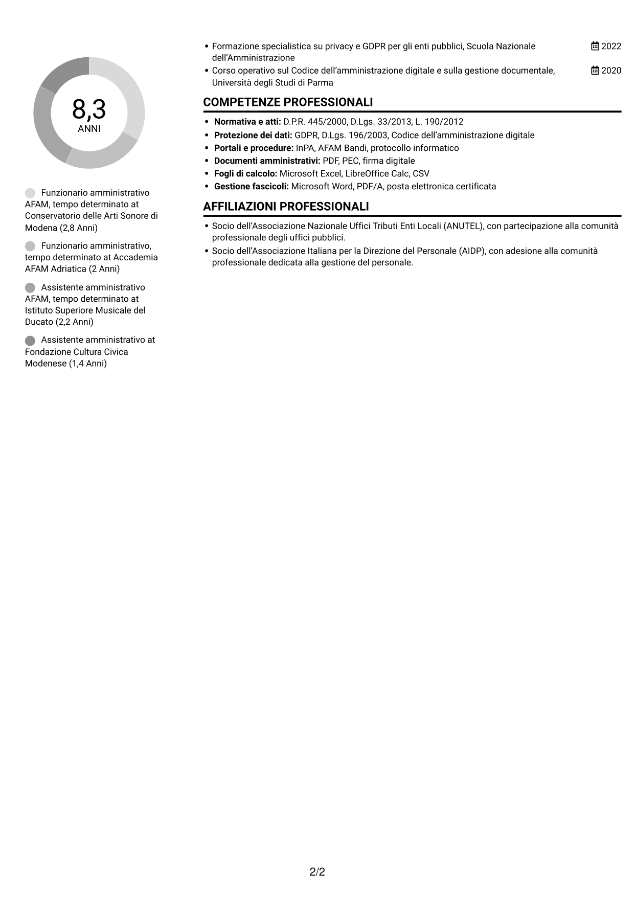 CV Compatto (formato sobrio a due colonne con foto): Funzionario amministrativo - Amministrazione AFAM, pagina 2