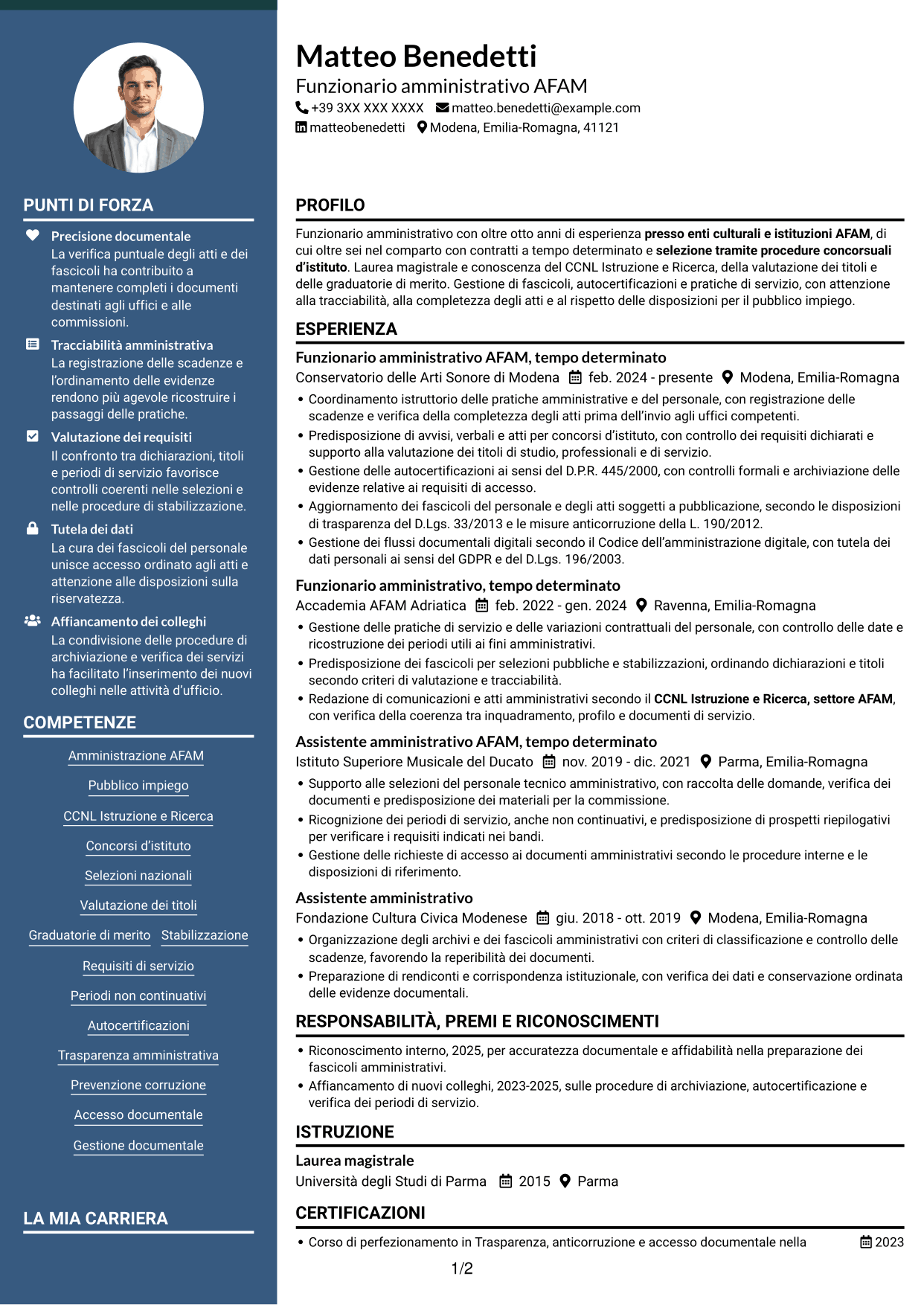 CV Elegante (formato con colonna laterale colorata e foto): Funzionario amministrativo - Amministrazione AFAM, pagina 1