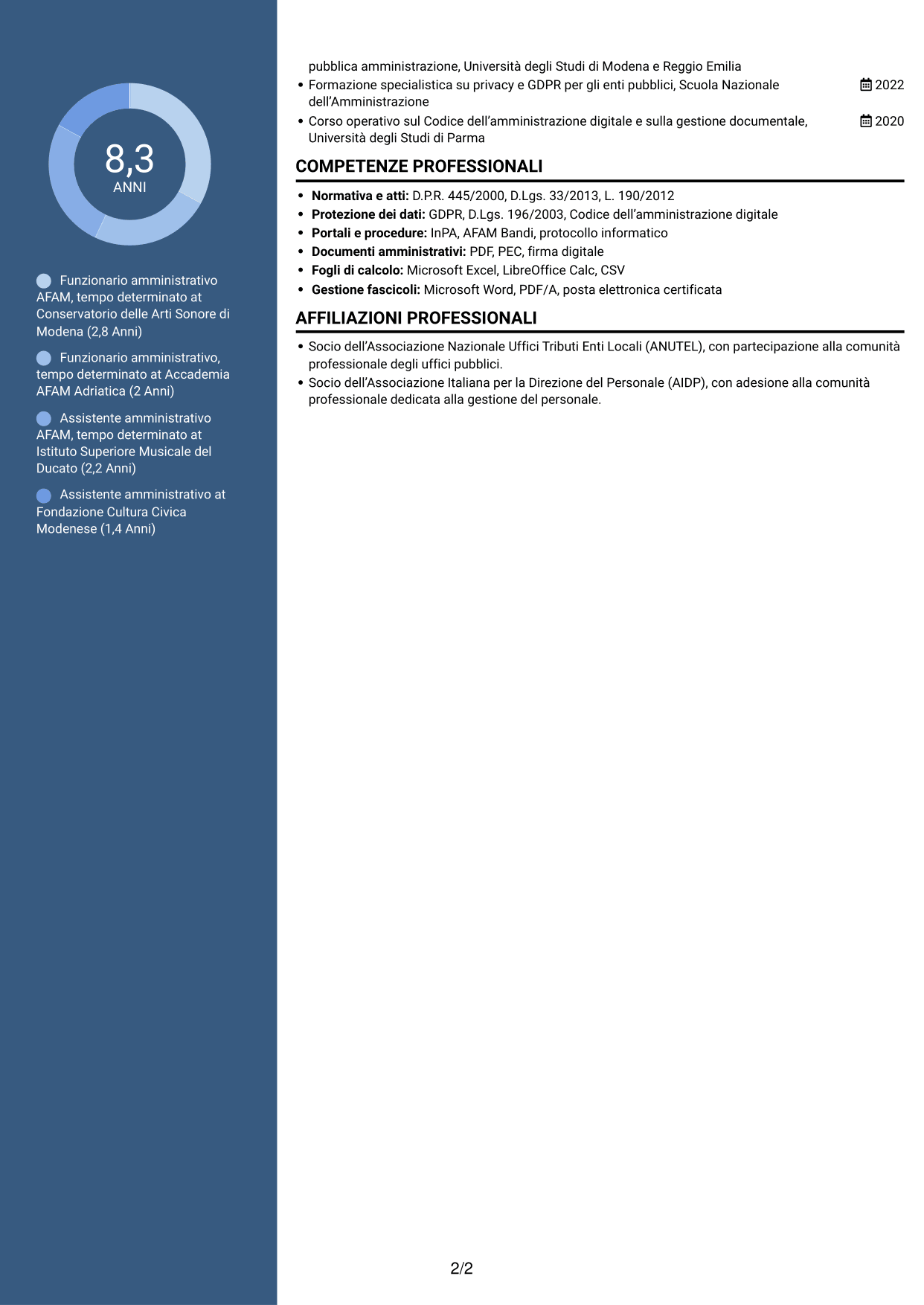 CV Elegante (formato con colonna laterale colorata e foto): Funzionario amministrativo - Amministrazione AFAM, pagina 2
