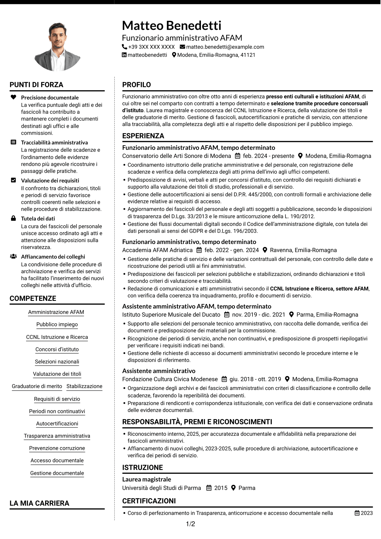 CV Moderno (formato a due colonne con foto a sinistra e separatore): Funzionario amministrativo - Amministrazione AFAM, pagina 1