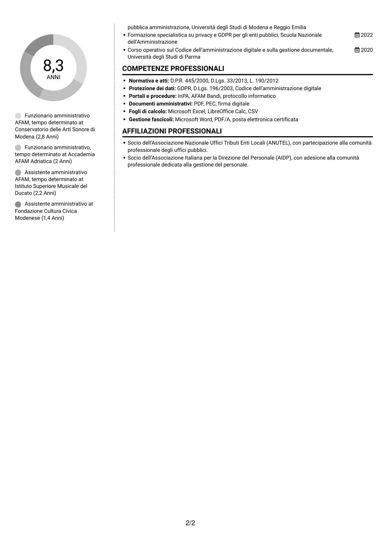CV Moderno (formato a due colonne con foto a sinistra e separatore): Funzionario amministrativo - Amministrazione AFAM, pagina 2