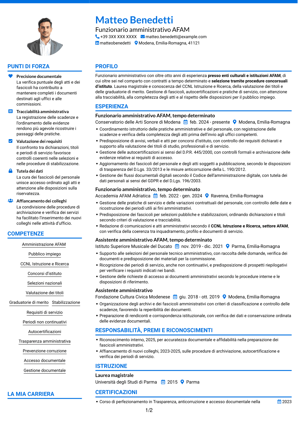 CV Audace (formato a due colonne con accenti colorati e foto): Funzionario amministrativo - Amministrazione AFAM, pagina 1