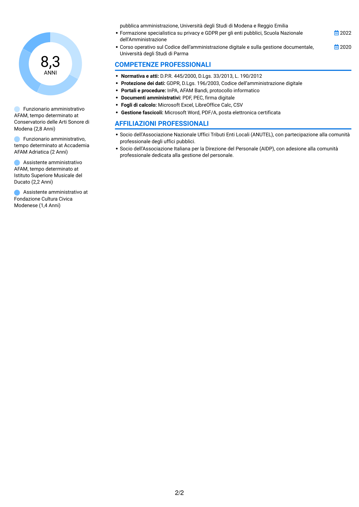 CV Audace (formato a due colonne con accenti colorati e foto): Funzionario amministrativo - Amministrazione AFAM, pagina 2