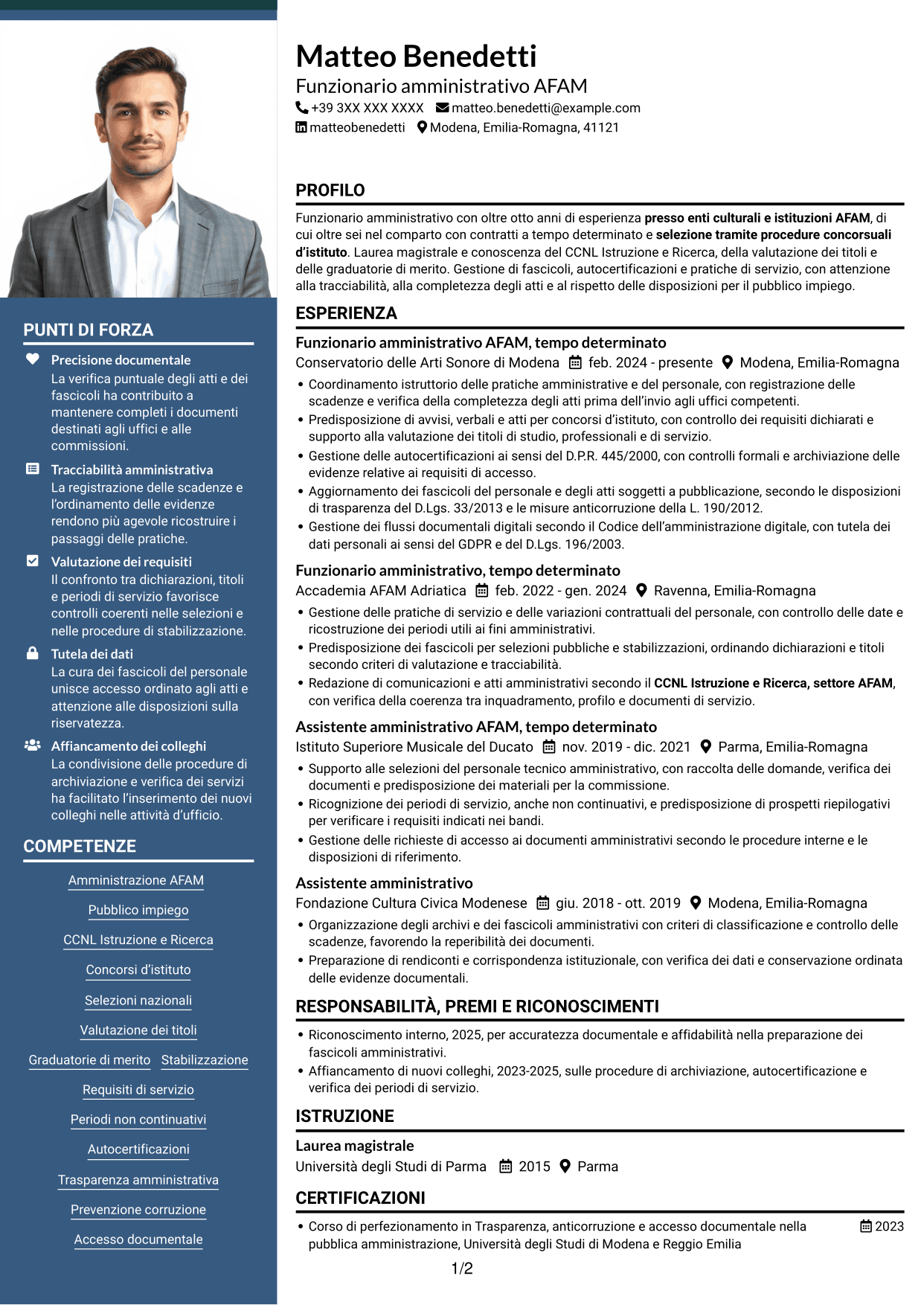 CV Signature (formato con colonna laterale colorata e foto grande): Funzionario amministrativo - Amministrazione AFAM, pagina 1