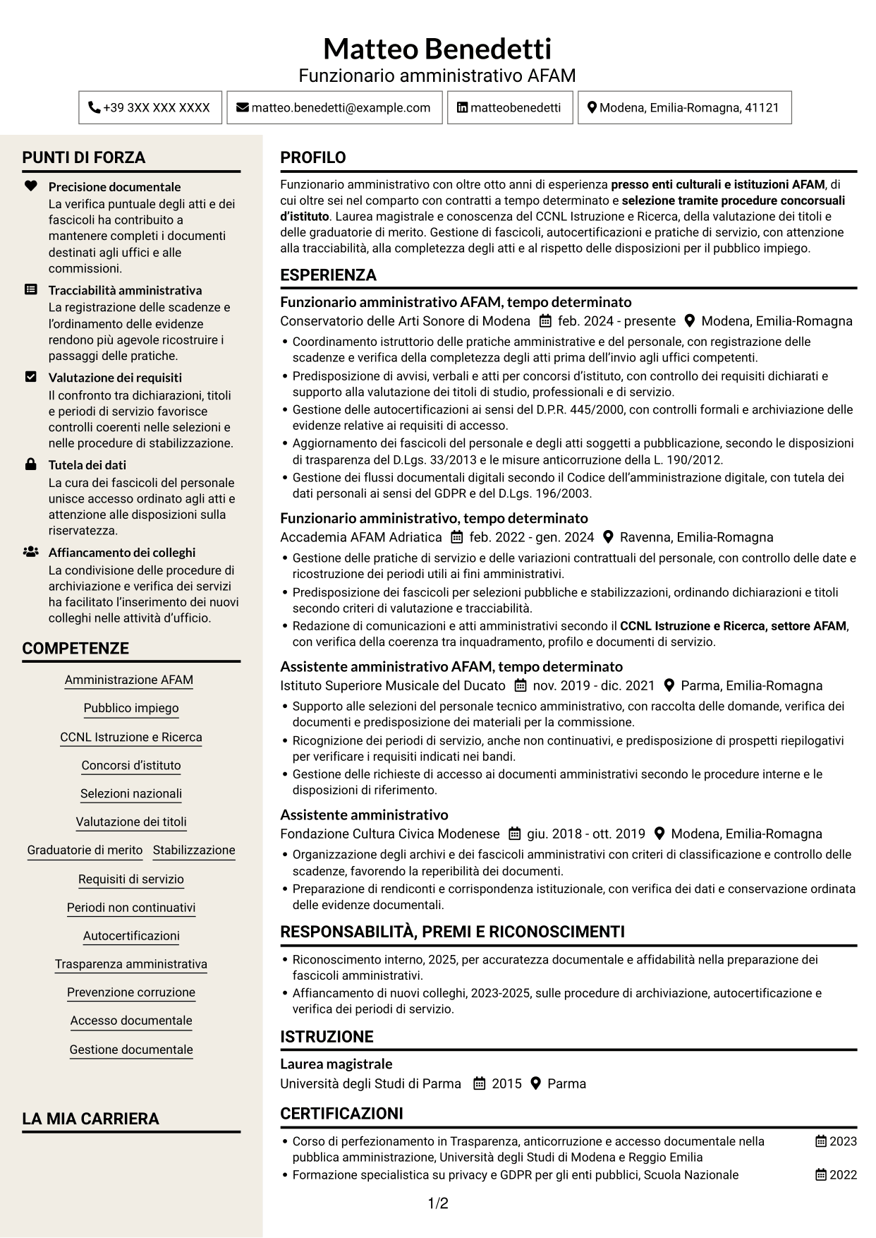CV Intraprendente (formato a due colonne con intestazione centrata senza foto): Funzionario amministrativo - Amministrazione AFAM, pagina 1