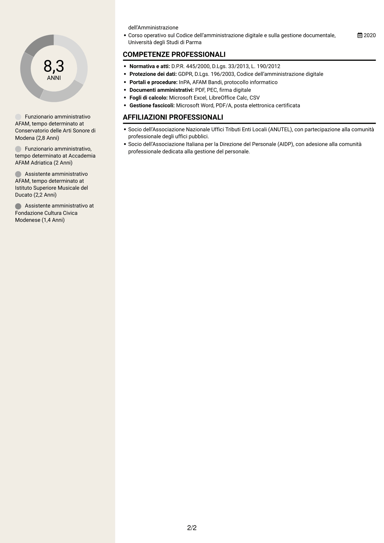 CV Intraprendente (formato a due colonne con intestazione centrata senza foto): Funzionario amministrativo - Amministrazione AFAM, pagina 2