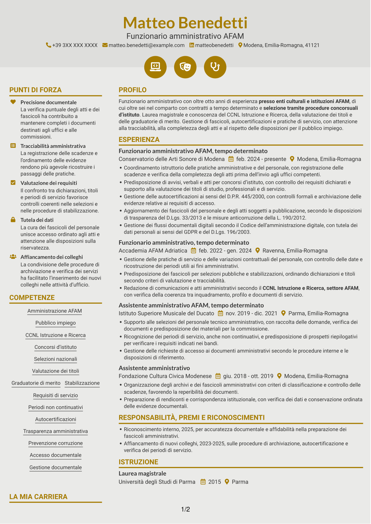 CV Dinamico (formato a due colonne con icone): Funzionario amministrativo - Amministrazione AFAM, pagina 1
