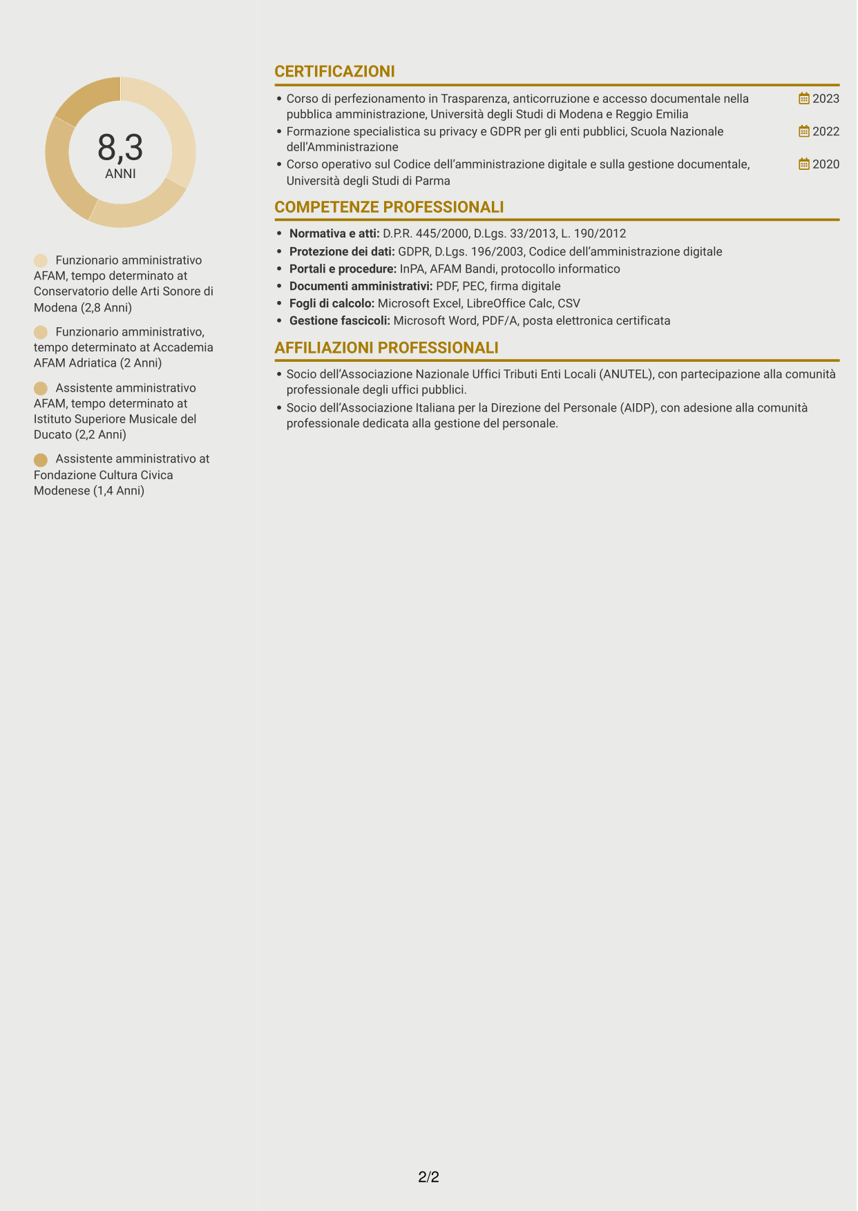 CV Dinamico (formato a due colonne con icone): Funzionario amministrativo - Amministrazione AFAM, pagina 2