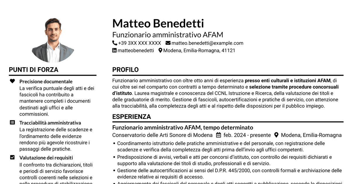 7 modelli di CV per Funzionario amministrativo - Amministrazione AFAM, con esempi