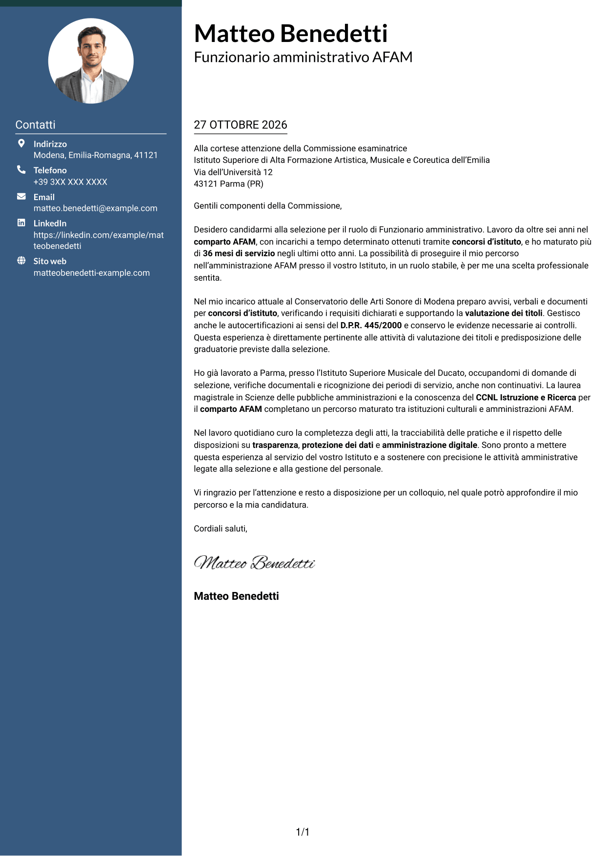 Lettera di presentazione Elegante (formato con colonna laterale colorata e foto): Funzionario amministrativo - Amministrazione AFAM, pagina 1
