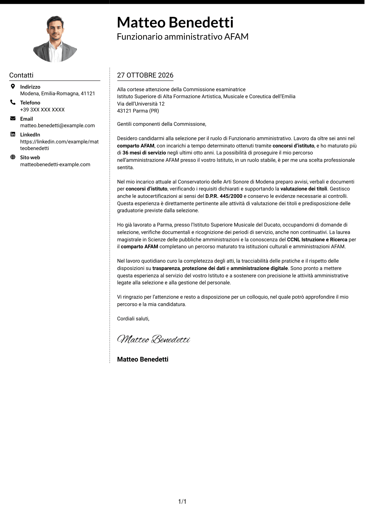 Lettera di presentazione Moderno (formato a due colonne con foto a sinistra e separatore): Funzionario amministrativo - Amministrazione AFAM, pagina 1