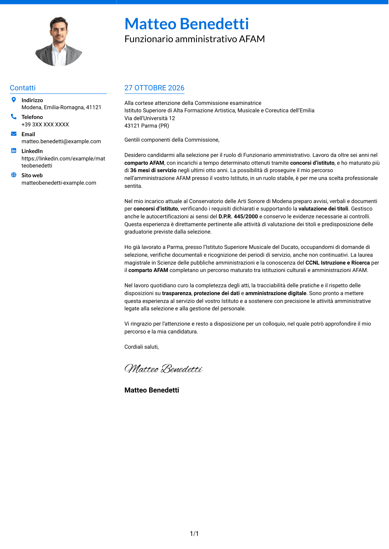 Lettera di presentazione Audace (formato a due colonne con accenti colorati e foto): Funzionario amministrativo - Amministrazione AFAM, pagina 1