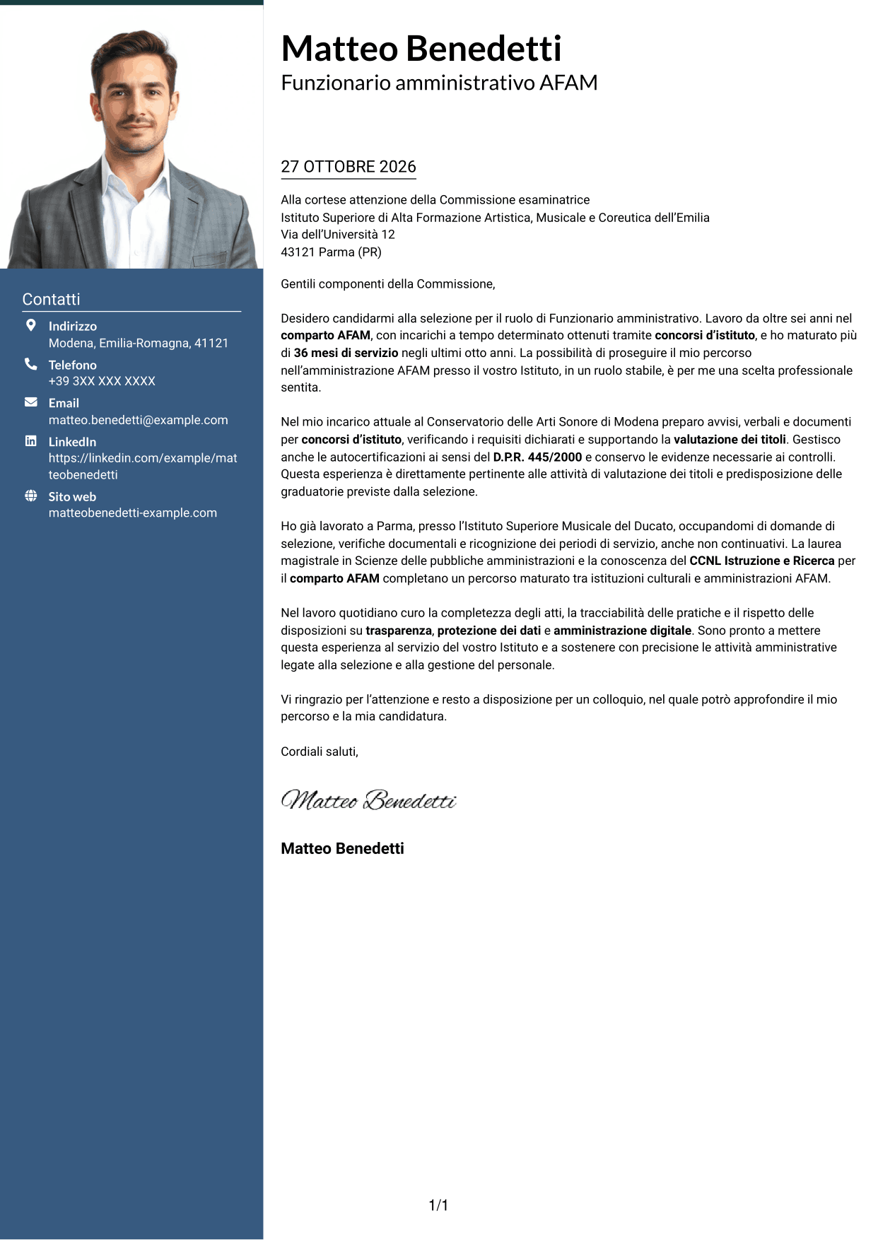 Lettera di presentazione Signature (formato con colonna laterale colorata e foto grande): Funzionario amministrativo - Amministrazione AFAM, pagina 1