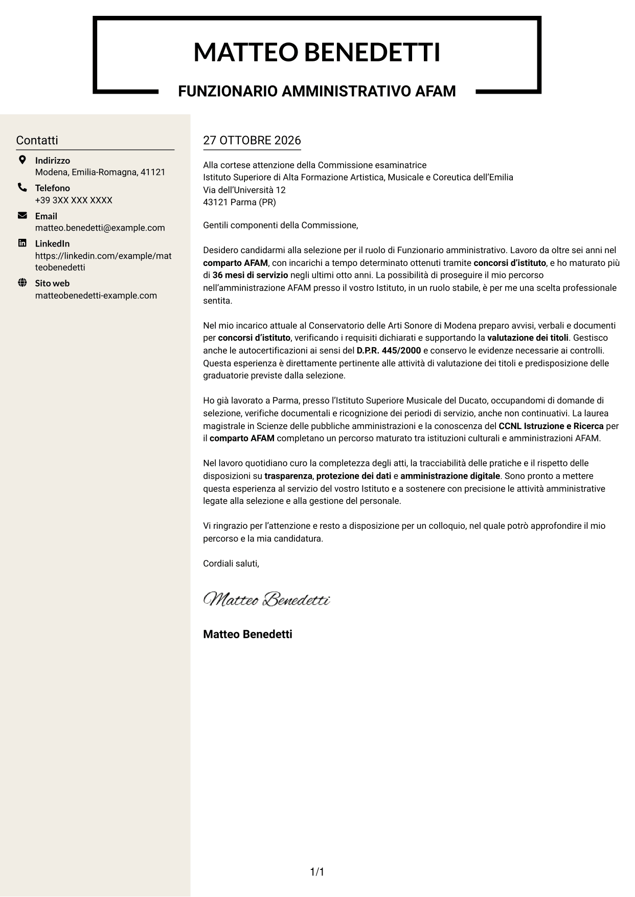 Lettera di presentazione Intraprendente (formato a due colonne con intestazione centrata senza foto): Funzionario amministrativo - Amministrazione AFAM, pagina 1