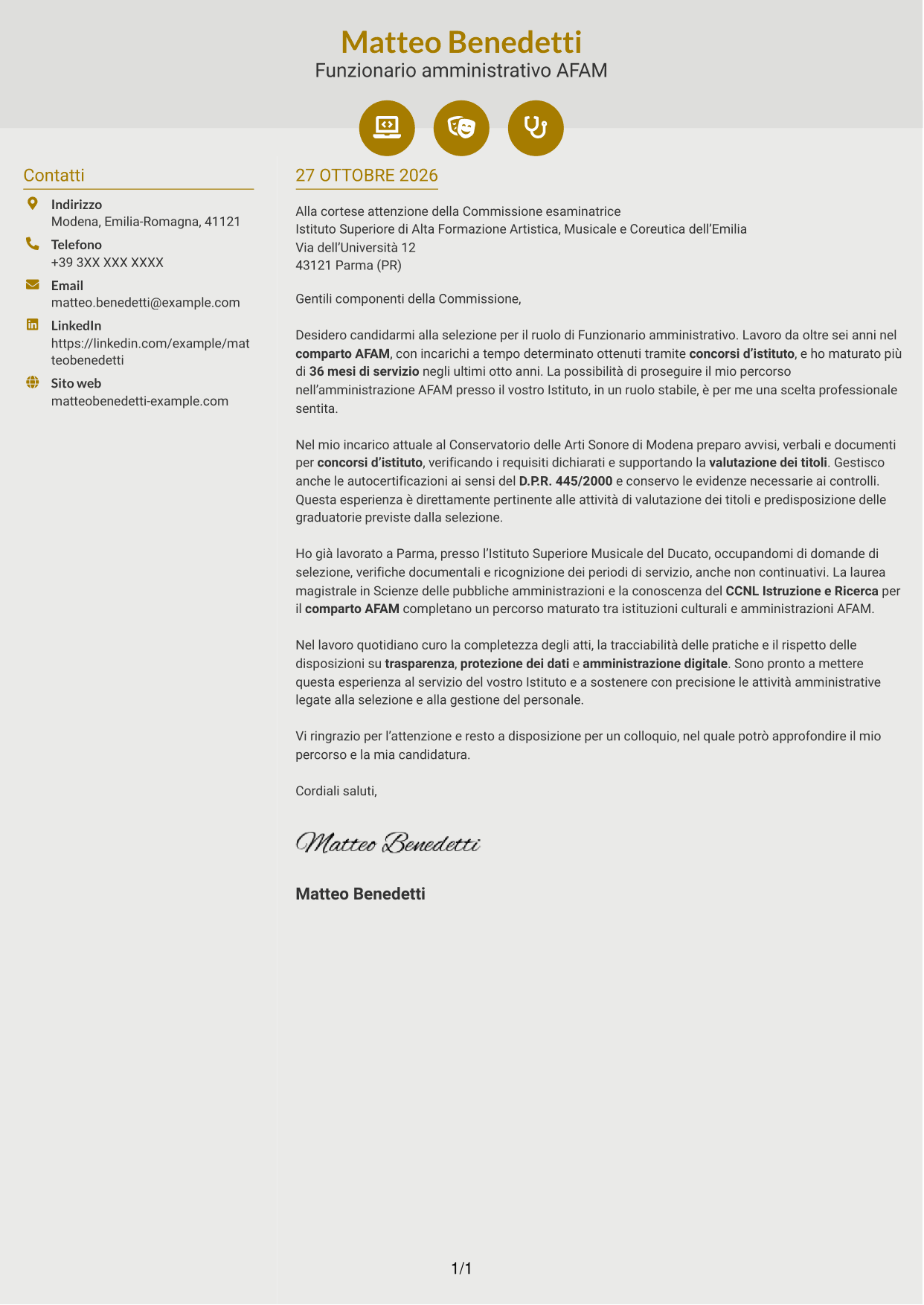 Lettera di presentazione Dinamico (formato a due colonne con icone): Funzionario amministrativo - Amministrazione AFAM, pagina 1
