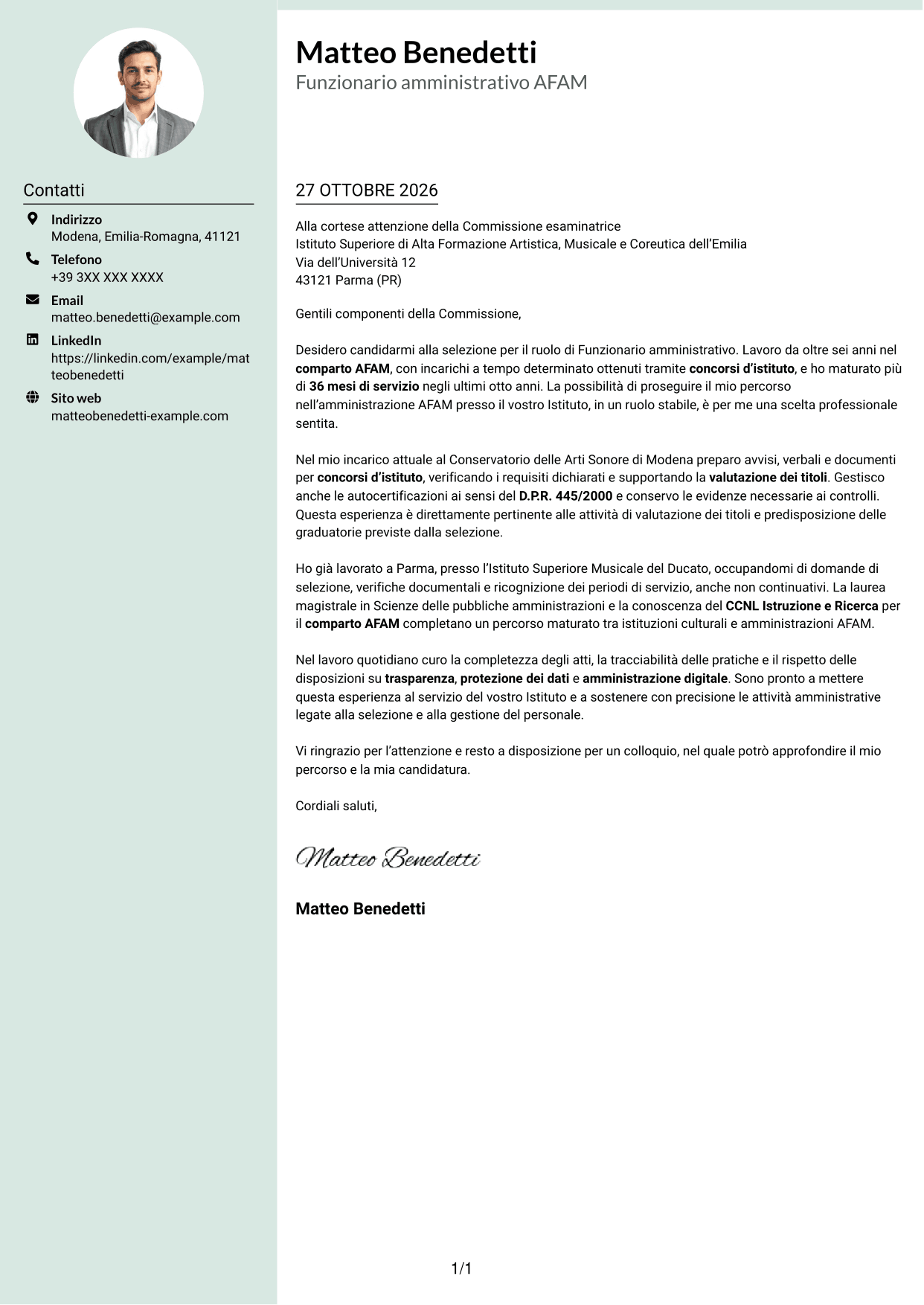 Lettera di presentazione Dirigente (formato con colonna laterale tenue e foto arrotondata): Funzionario amministrativo - Amministrazione AFAM, pagina 1