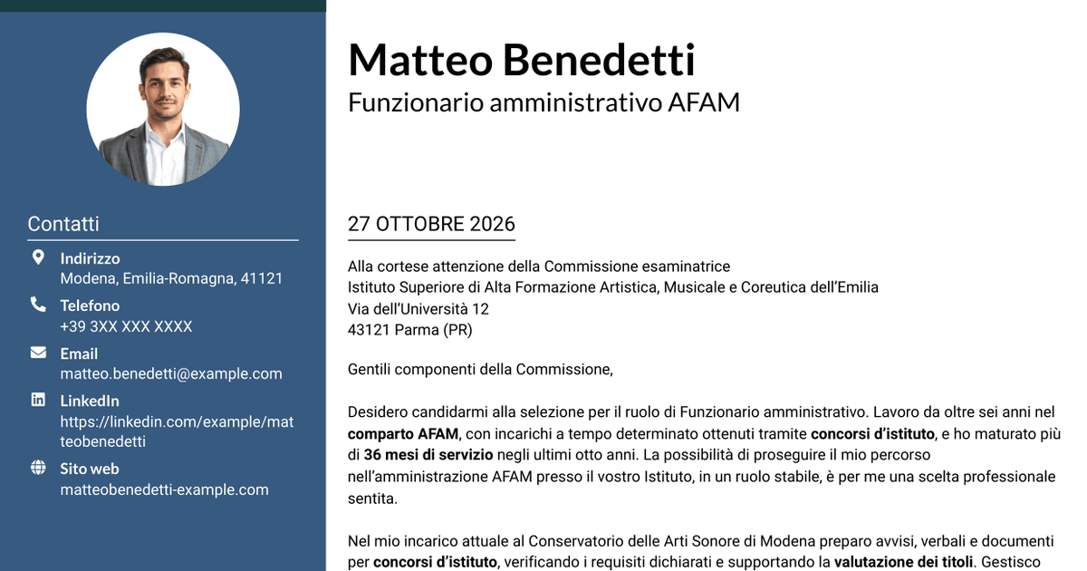 7 modelli di lettera di presentazione per Funzionario amministrativo - Amministrazione AFAM, con esempi