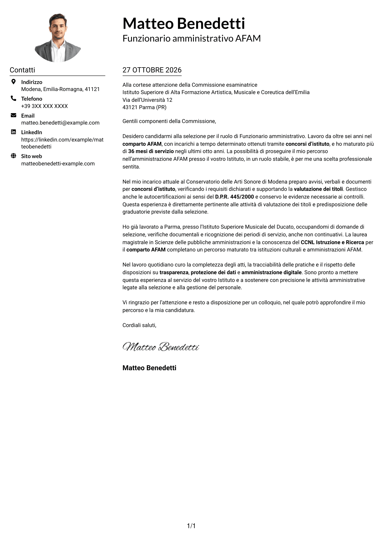 Esempio di lettera di presentazione — pagina 1