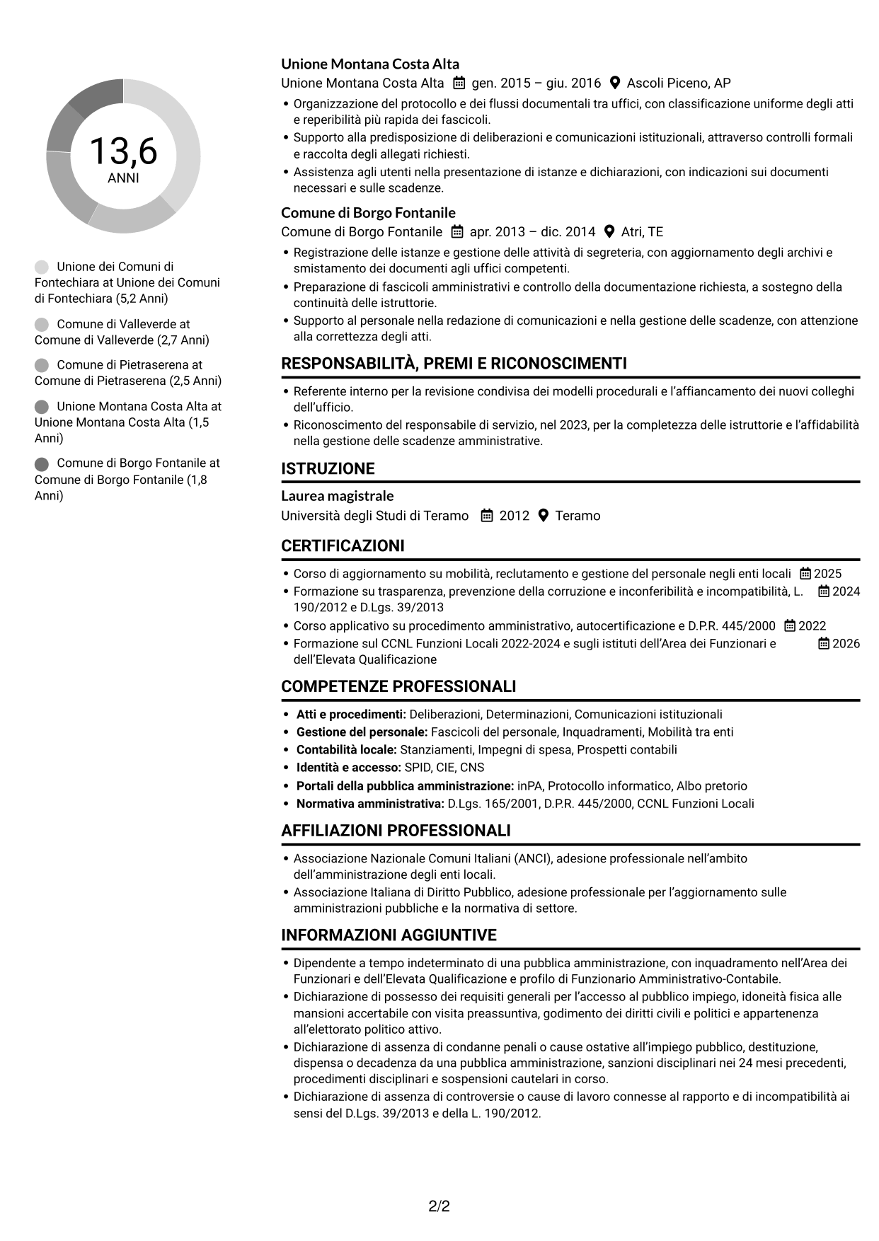 CV Compatto (formato sobrio a due colonne con foto): Funzionario amministrativo - Enti locali, pagina 2