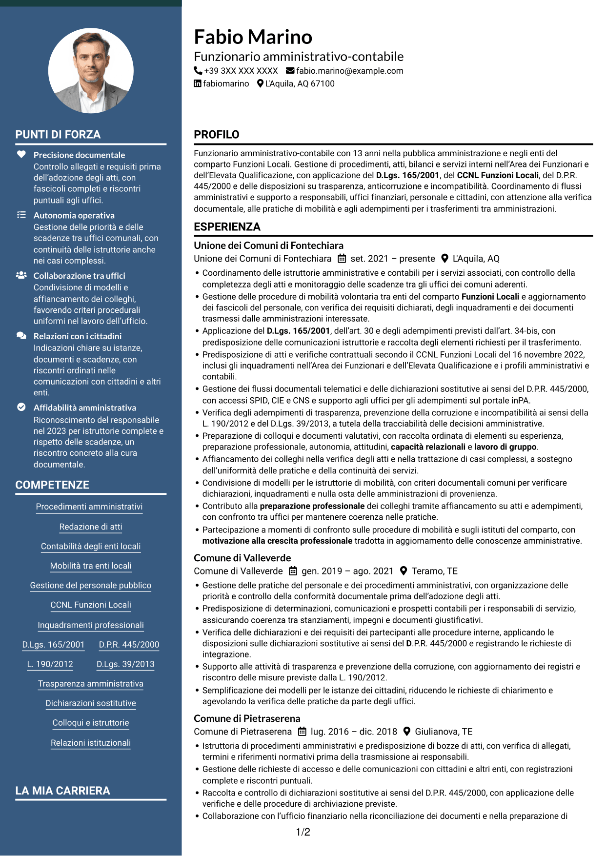 CV Elegante (formato con colonna laterale colorata e foto): Funzionario amministrativo - Enti locali, pagina 1