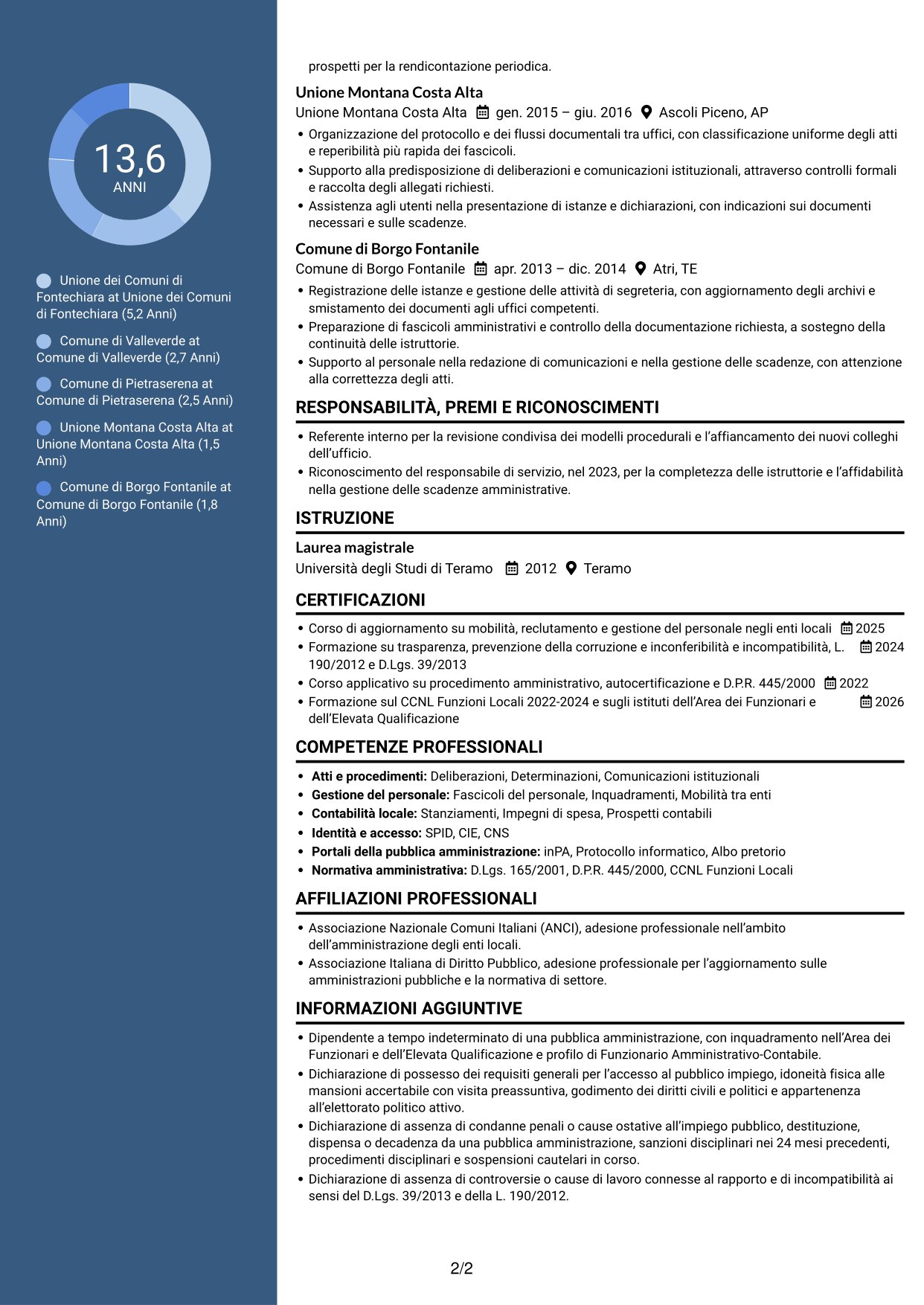 CV Elegante (formato con colonna laterale colorata e foto): Funzionario amministrativo - Enti locali, pagina 2