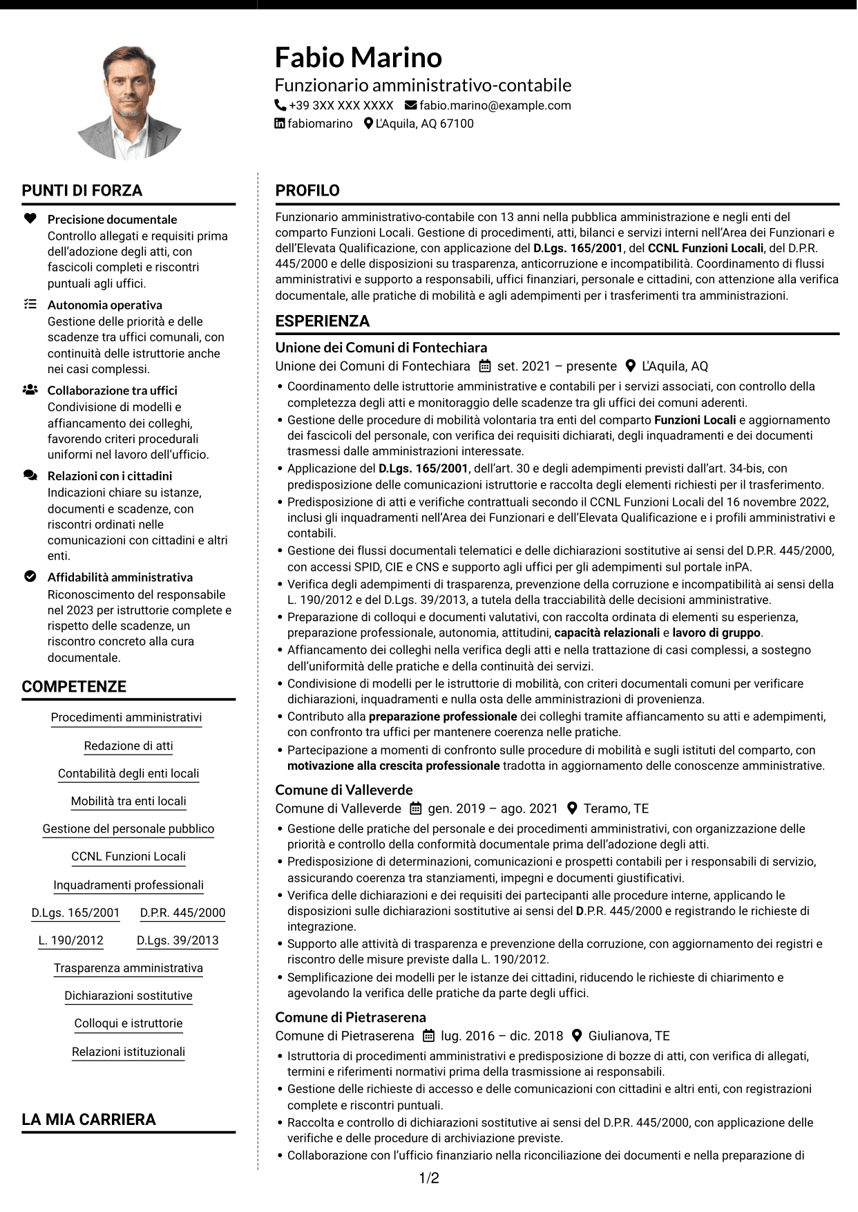 CV Moderno (formato a due colonne con foto a sinistra e separatore): Funzionario amministrativo - Enti locali, pagina 1